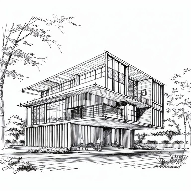 masterpiece, best quality, .archline, sketch, concept, perspective, monochrome, grayscale, white background, modernist villa, tree