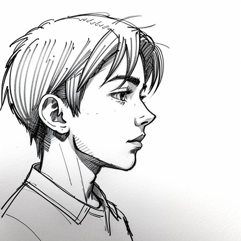 1 boy, simple background, thick eyebrows, side view, sketch, secondary, anime character,
