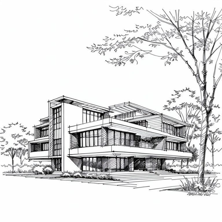 masterpiece, best quality, .archline, sketch, concept, perspective, monochrome, grayscale, white background, modernist villa, tree