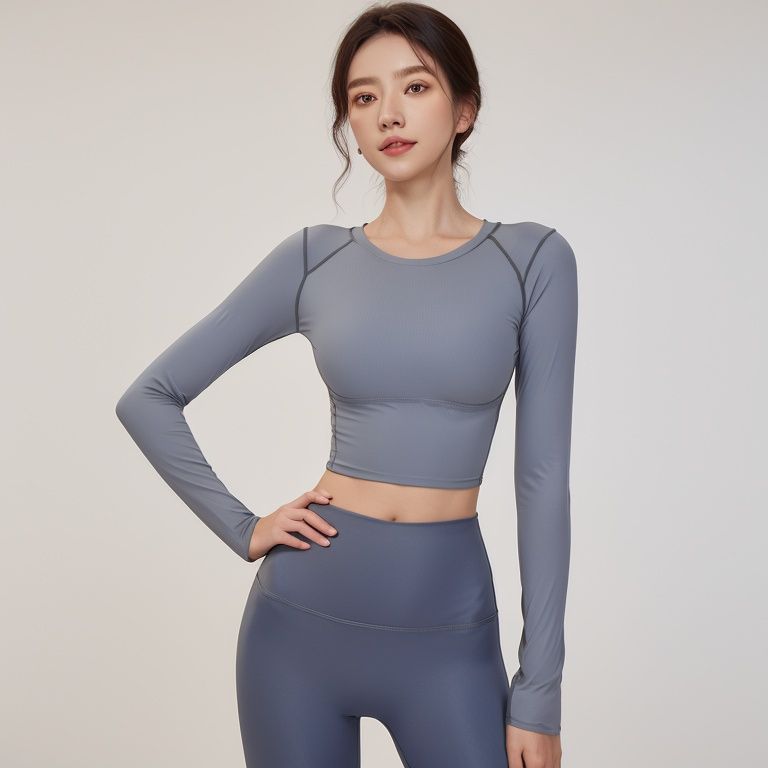 masterpiece, best quality, photorealistic, yujiasuit, yoga pants, yoga long sleeves, 1girl, solo, pants, looking at viewer, brown hair, blue pants, simple background, white long sleeves, short hair, contrapposto, head tilt, high-waist pants, sleeves past wrists, breasts, grey background, brown eyes, cowboy shot, <lora:yujiasuitv1:1>