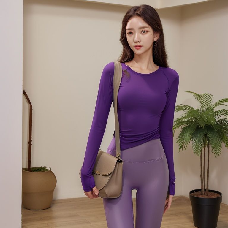 masterpiece, best quality, photorealistic, yujiasuit, yoga pants, yoga long sleeves, 1girl, solo, brown hair, brown eyes, bag, looking at viewer, purple pants, potted plant, standing, indoors, purple long sleeves, long hair, cowboy shot, simple background, <lora:yujiasuitv1:1>