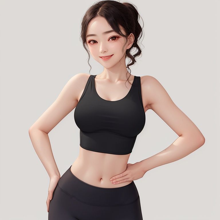 yujiasuit, yoga sports bra, yoga pants, 1girl, solo, white background, hand on hip, looking at viewer, simple background, smile, black hair, **** top, midriff, upper body, black pants, <lora:yujiasuitv1:1>