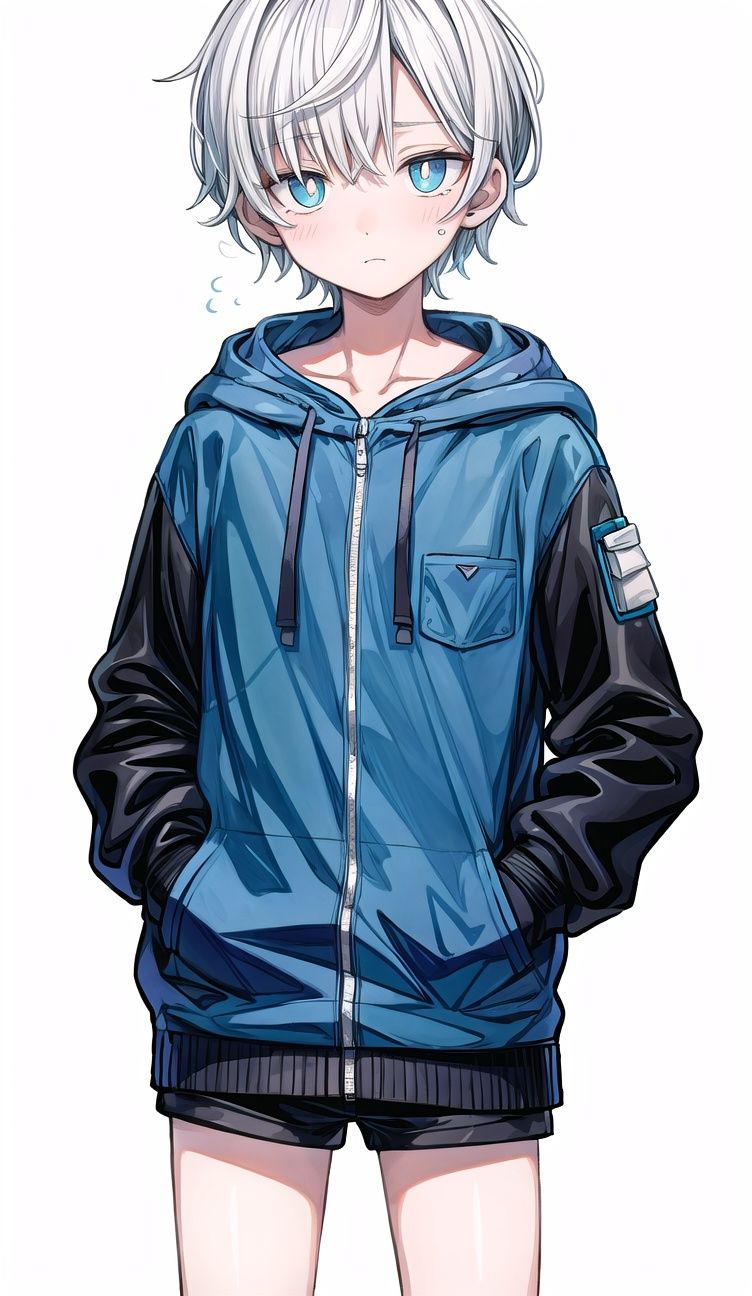 [(white background:1.6)::5], [(transparent background:1.3)::5],\\masterpiece,best quality,flat color,offical art,white theme,(ultra-detailed),(illustration),ink and wash painting,(an extremely delicate and beautiful boy with blue pupil),looking_at_viewer,1 boy,solo,white hair,short hair,(hood:1.3),((cold expression)),(blue and sliver [armor:dress:0.7])),cute face,shawl,black cloak,thighs,anklet,hooding,femoral ring,(put hands in the pocket:1.4), <lora:add_detail:1>