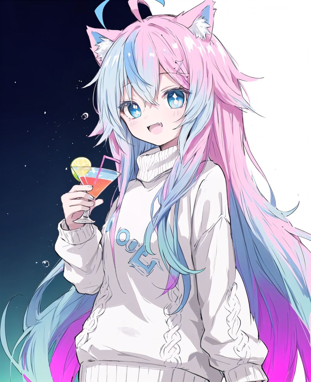 NLP,anime,2d,cowboy shot, masterpiece,Splash color, soft lighting,(cocktail glass), 1girl, solo, cat ears, multicolored hair, ((gradient hair), white+(blue)+(pink:0.5) hair//), very long hair, messy hair, bangs, ahoge, ((gradient eyes), pink+light_blue eyes//), slit pupils, glowing eyes, 1fang, white sweater,