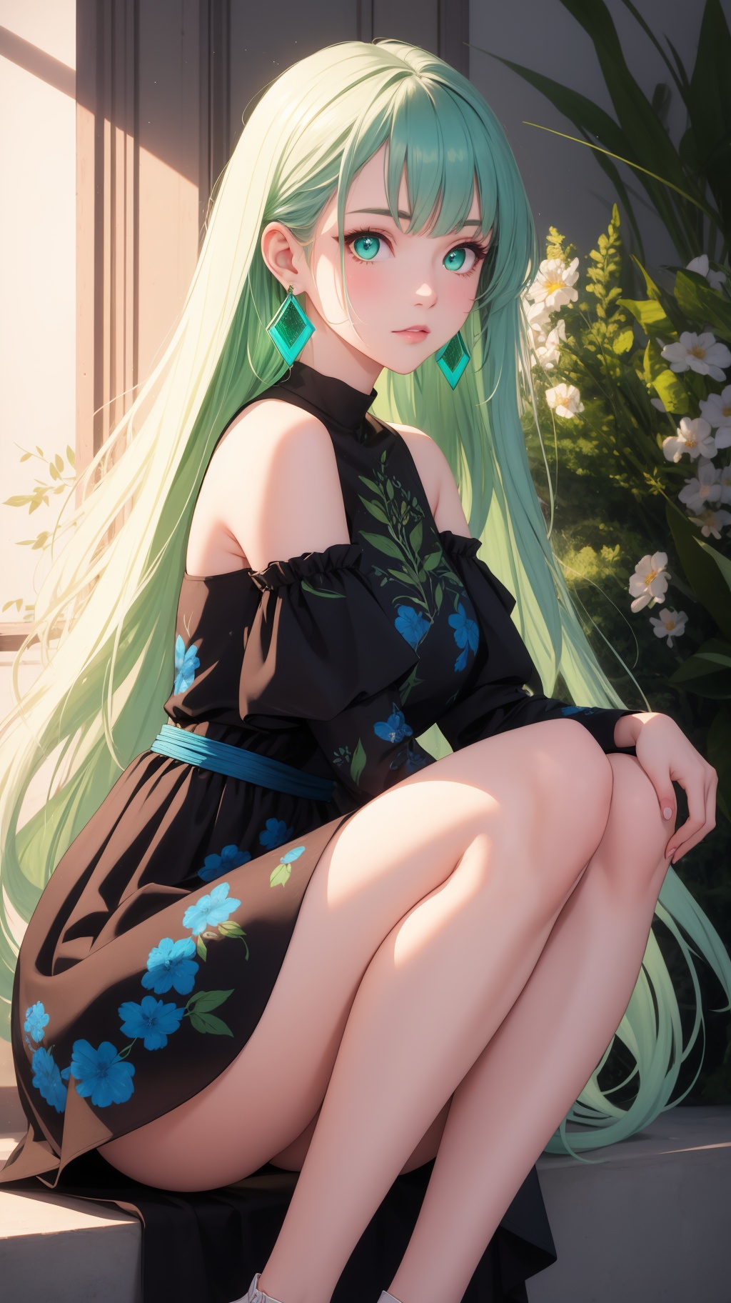 A beautiful girl with off-white long hair,  white luminous eyes,  green luminous earrings on Tensor.Art
