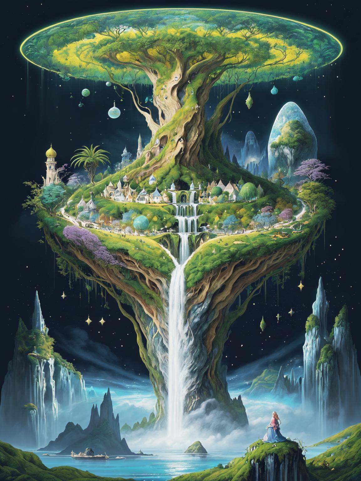 A breathtaking and surreal landscape inspired by dreams and imagination. The scene should depict floating islands,  cascad...