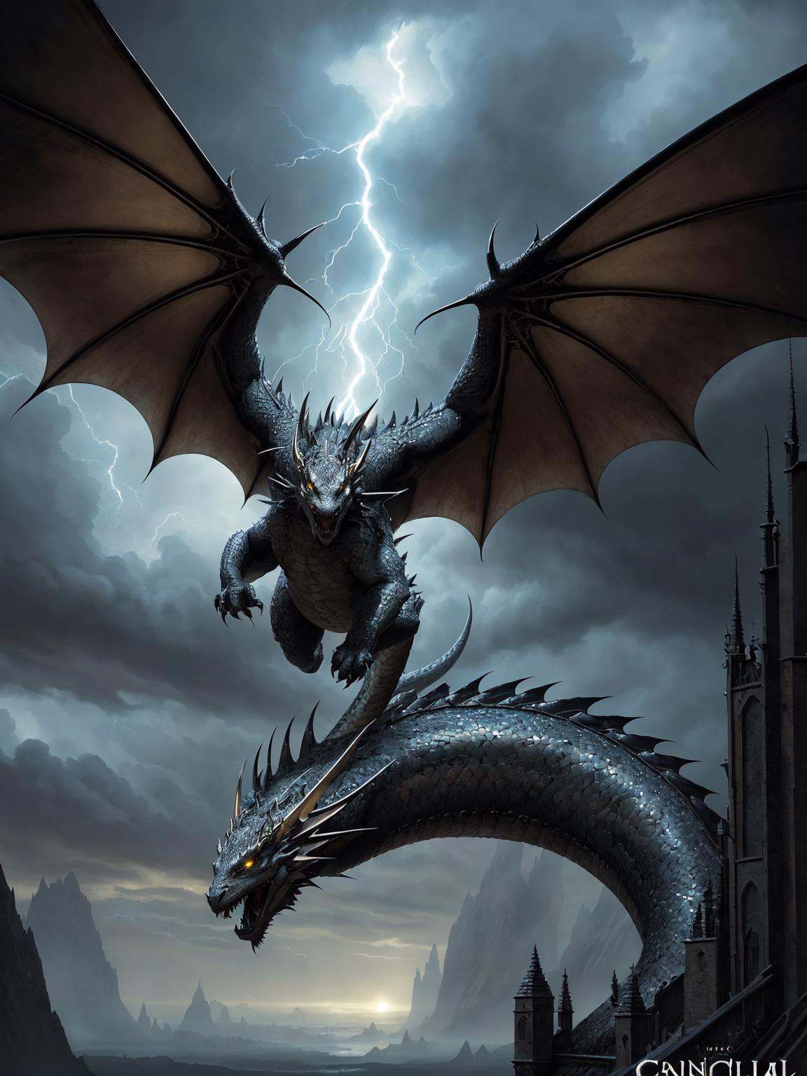 An epic and breathtaking scene of a dragon soaring through a stormy sky,  with lightning crackling and dark clouds swirlin...