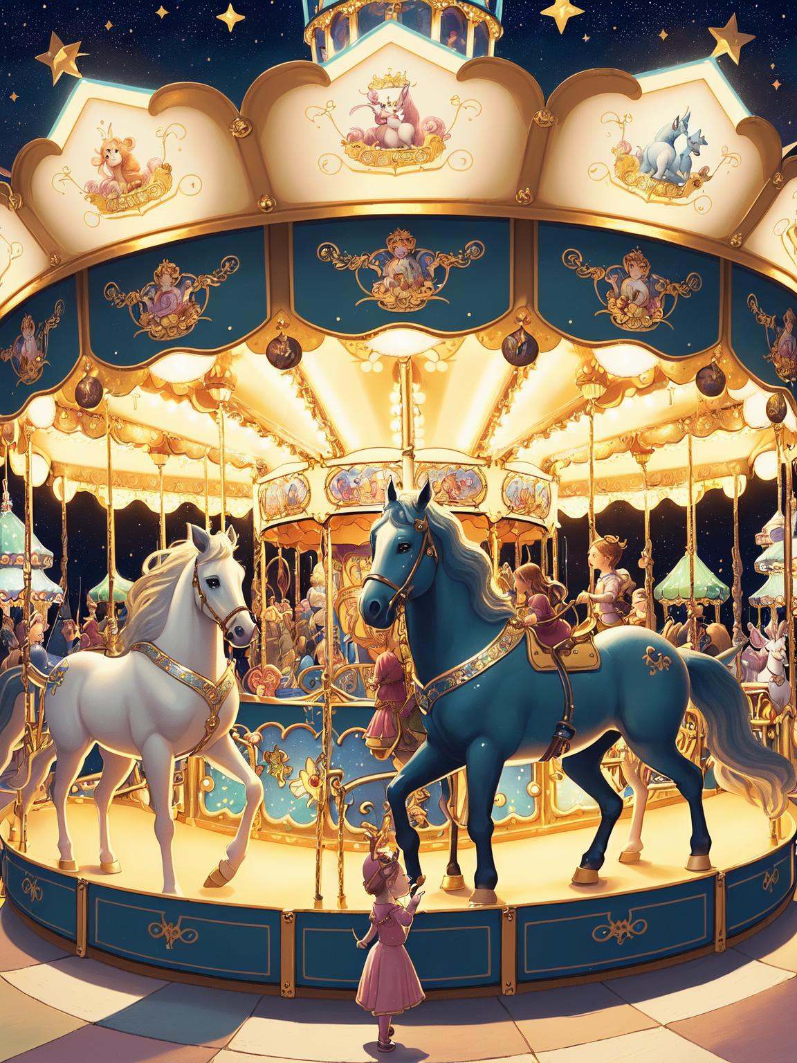 A whimsical and imaginative illustration of a magical carousel in an enchanting amusement park. The carousel should featur...
