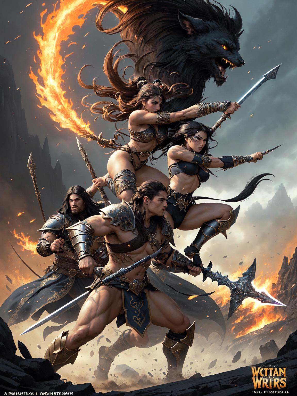 A dynamic and action-packed scene featuring fierce warriors engaged in a legendary battle. The warriors should possess dis...