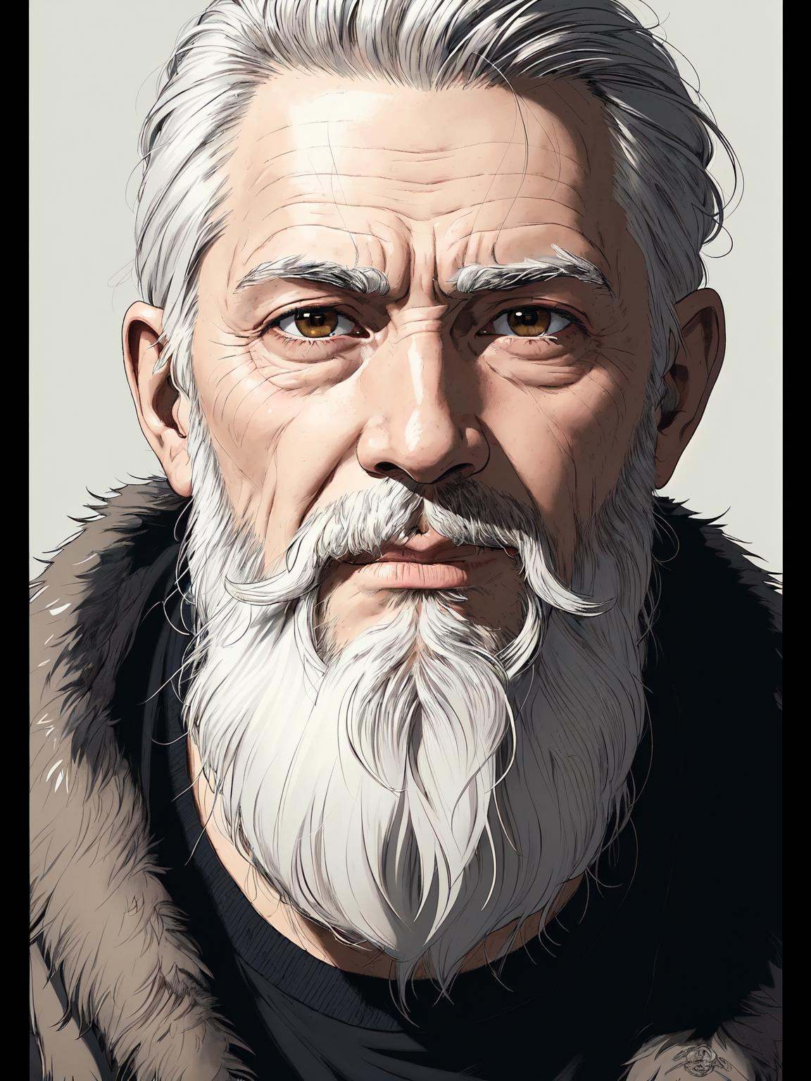 Create a captivating portrait of a scruffy old man with a distinguished beard,  full of character and stories. The man sho...