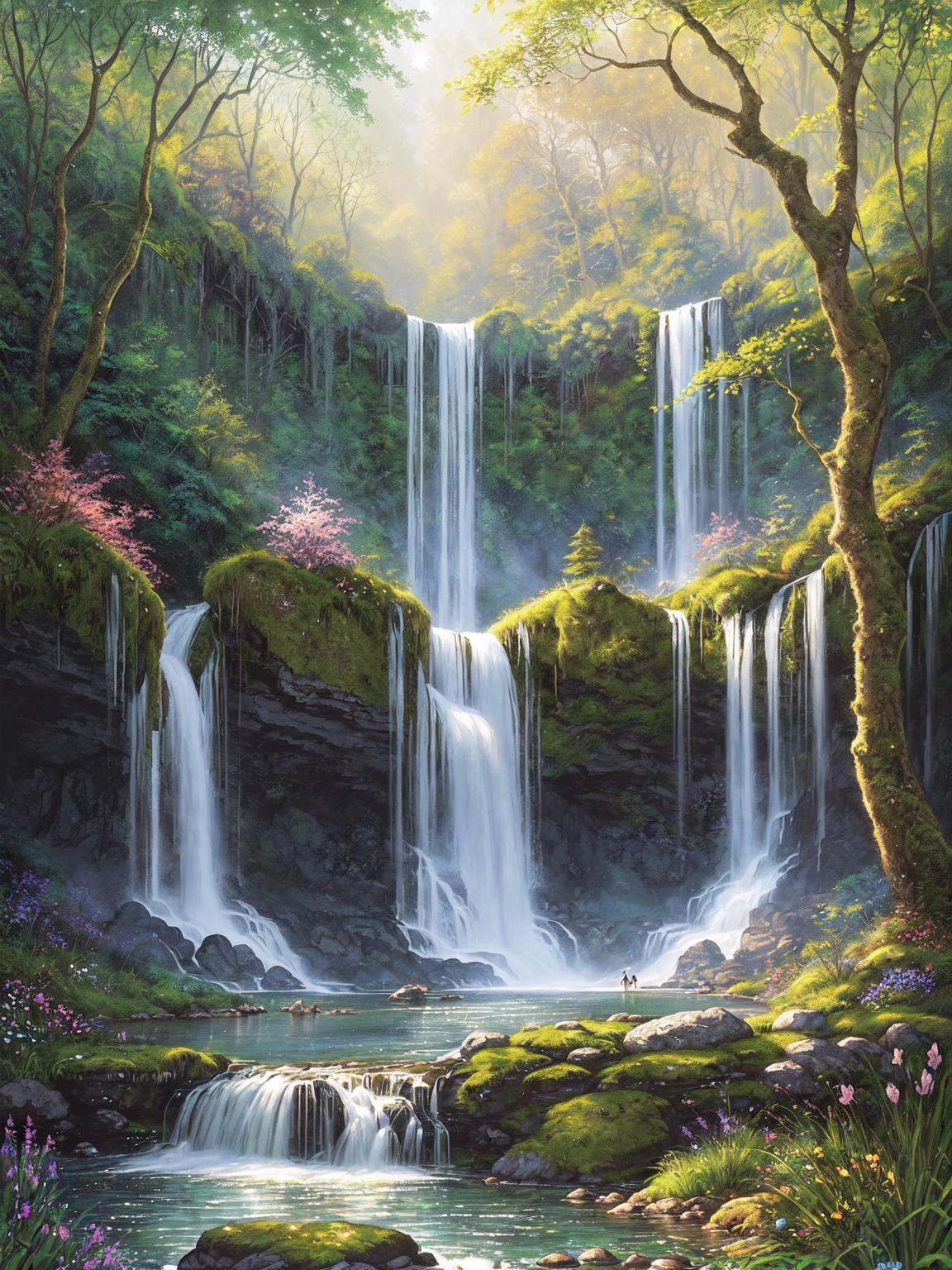 A serene and tranquil illustration of a serene waterfall nestled within a lush,  verdant forest. The water should cascade...