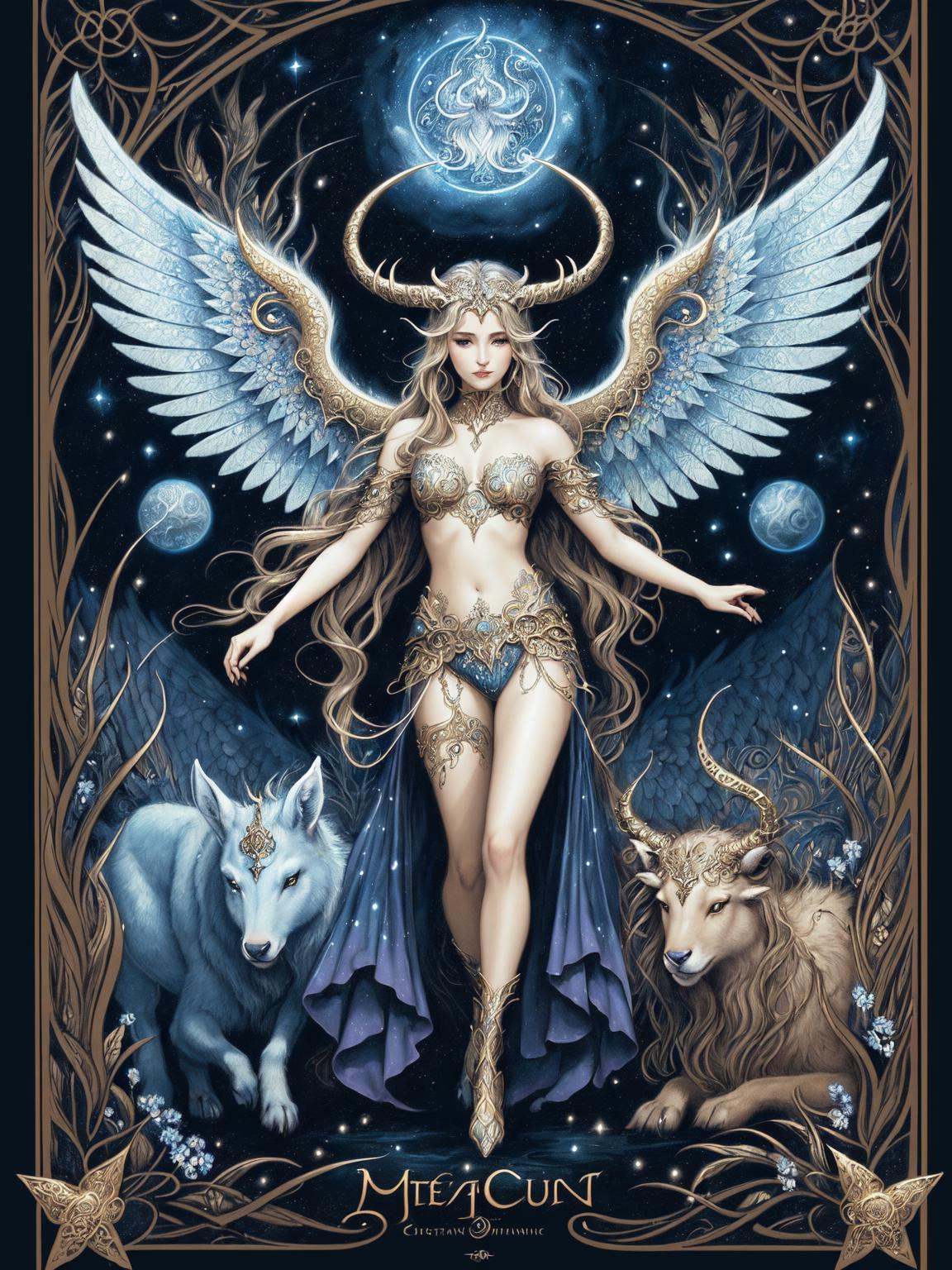 An intricate and captivating illustration of a mythical creature from ancient folklore,  with majestic horns,  ethereal wi...