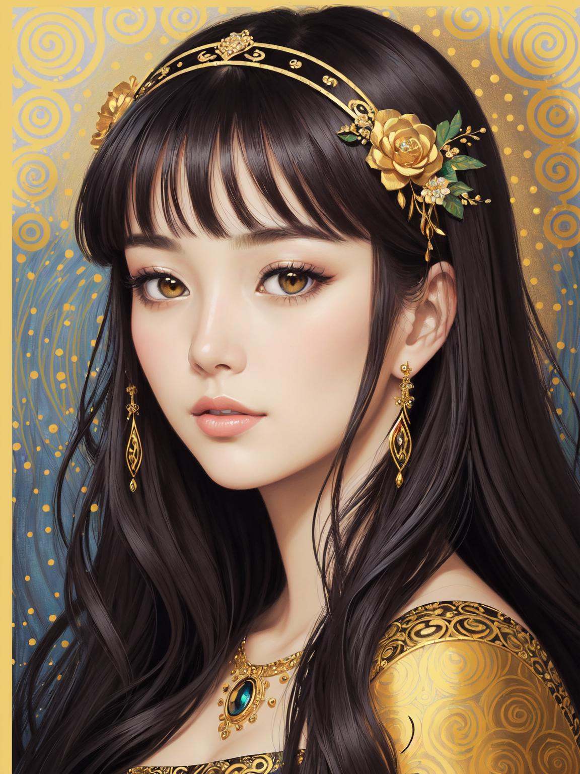 Create a mesmerizing portrait of a woman exuding elegance and grace. She should have a serene expression,  with soft featu...