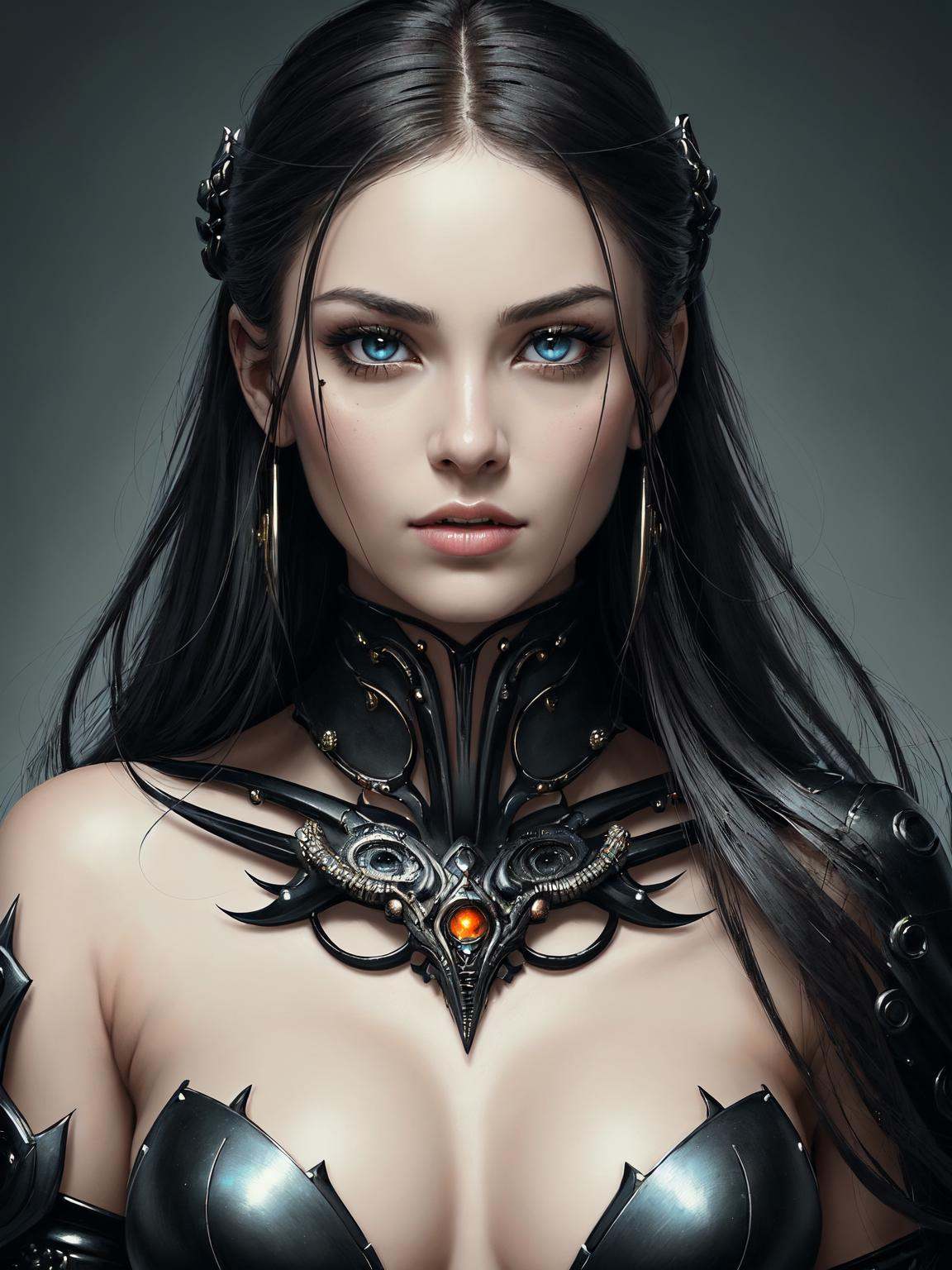 Craft a powerful and fierce portrait of a woman who embodies strength and determination. Her features should be sharp and...