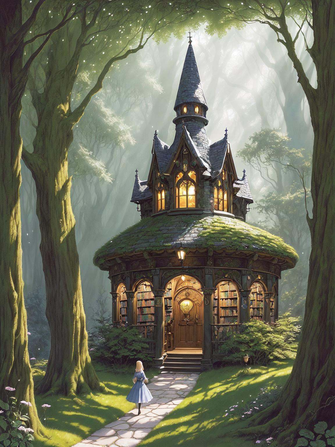 A whimsical and enchanting illustration of a magical library hidden deep within a mystical forest. The library should be f...