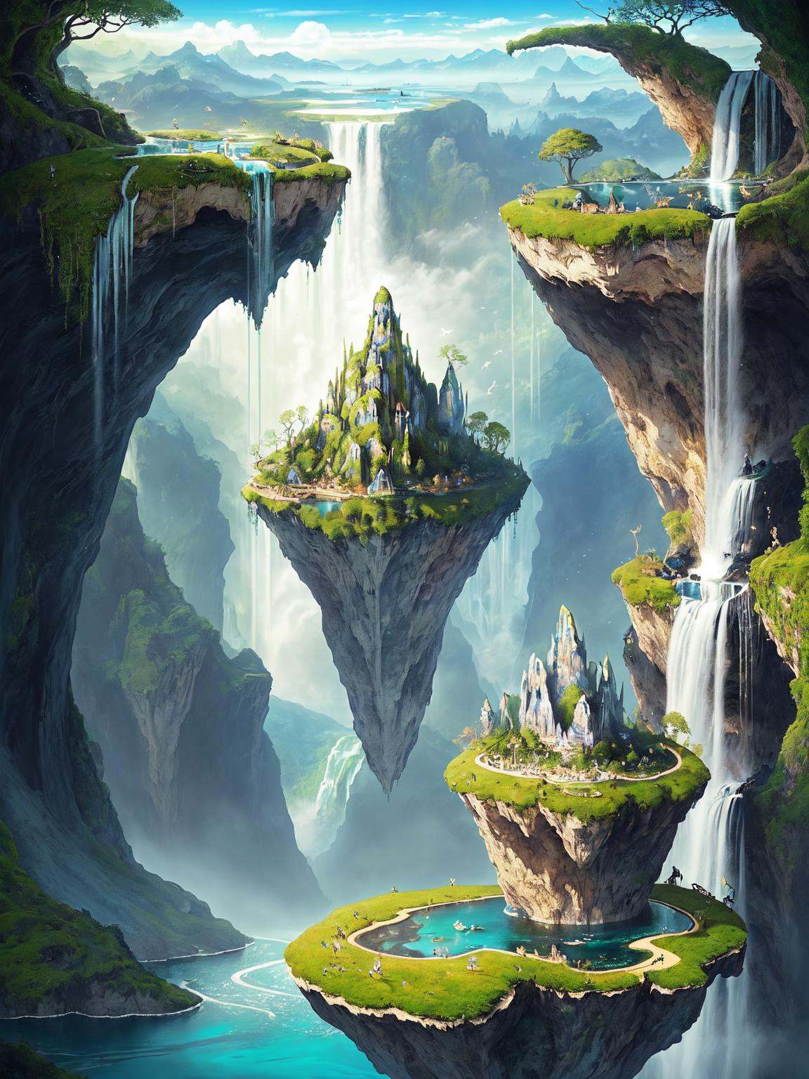 A breathtaking and surreal landscape inspired by dreams and imagination. The scene should depict floating islands,  cascad...