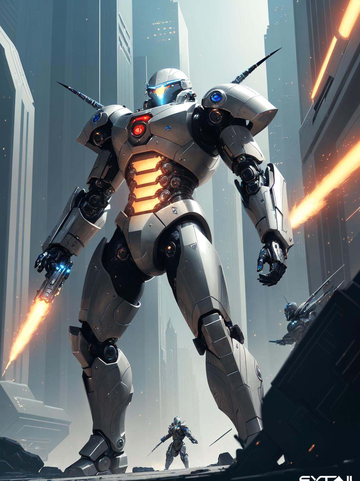 A dynamic and action-packed illustration of a futuristic cybernetic warrior engaged in a fierce battle against robotic adv...