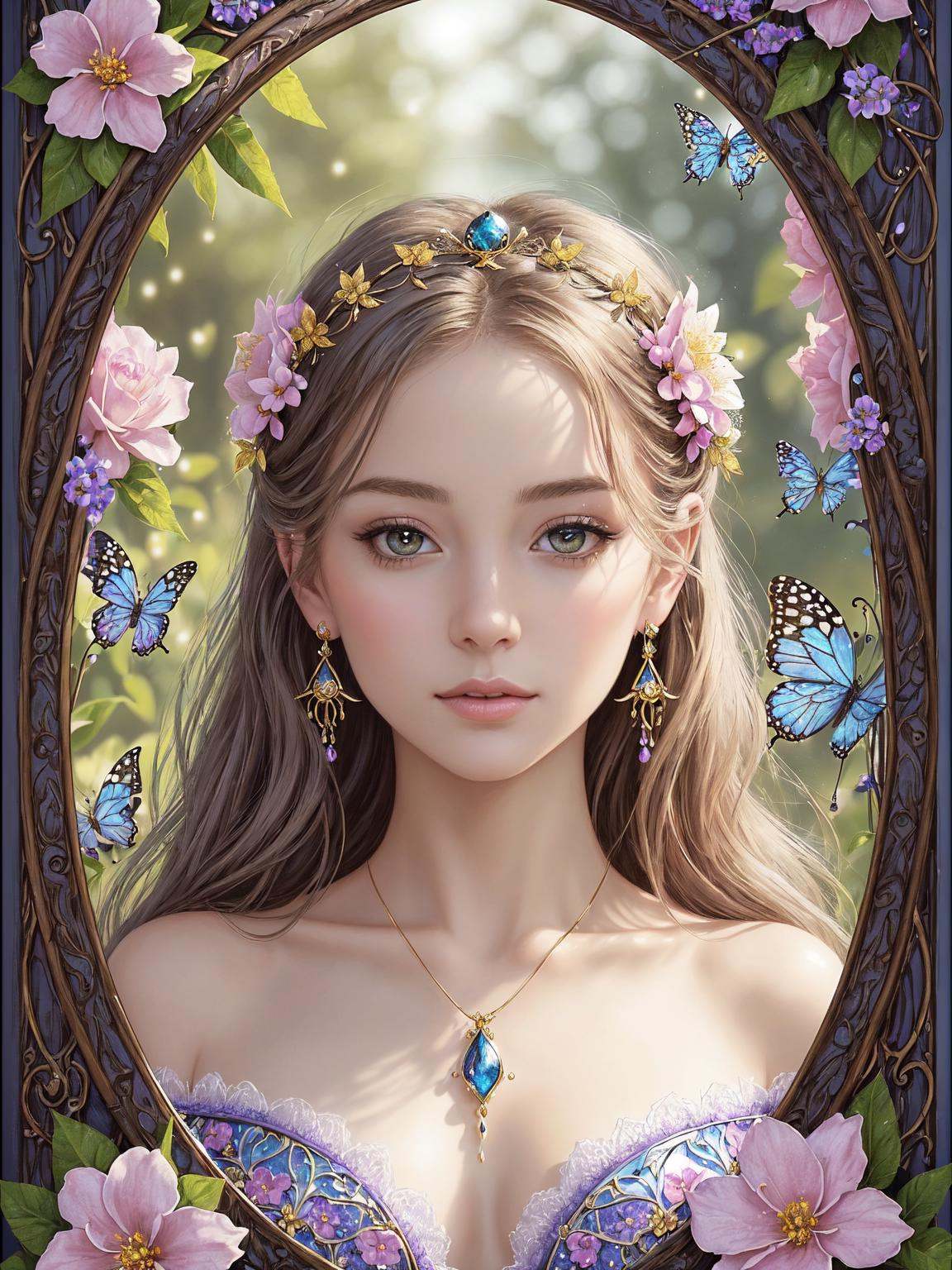 Design a whimsical and fantastical portrait of a woman with an air of enchantment. She should have ethereal features,  ado...