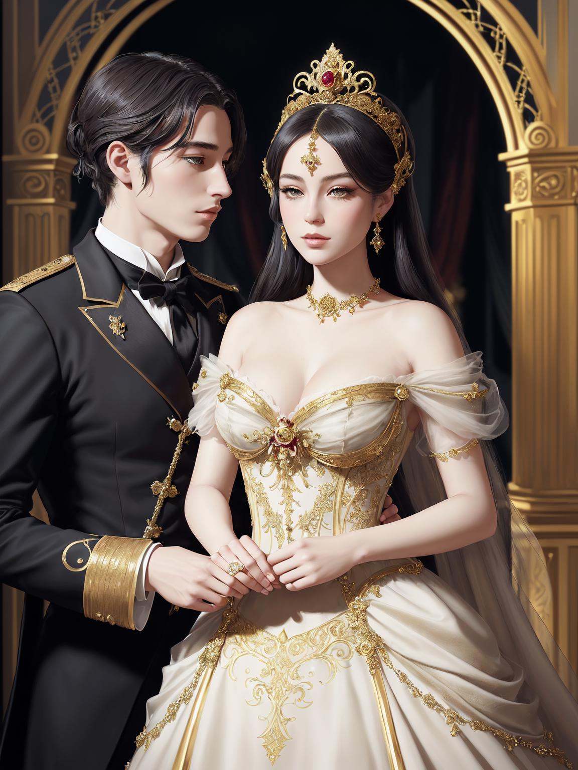 A captivating and mysterious illustration of a masked ball in a grand,  opulent ballroom. The characters should be adorned...