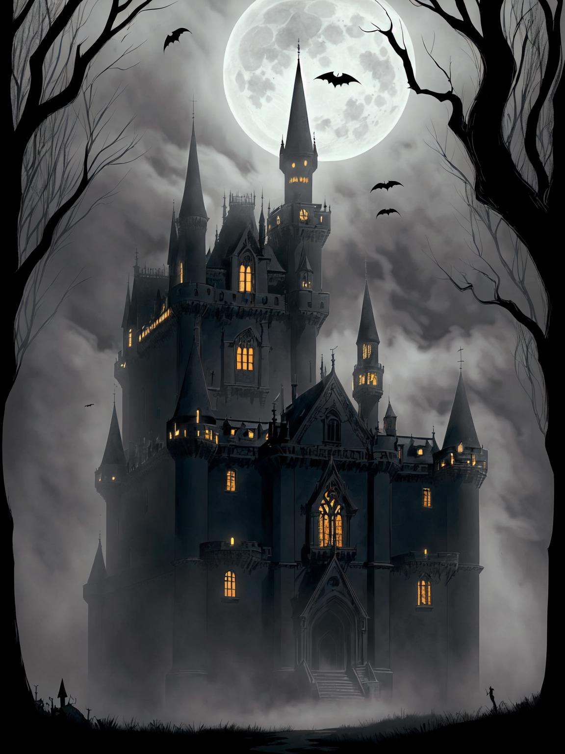 A dramatic and mysterious illustration of a haunted castle,  shrouded in fog,  with ominous shadows and eerie moonlight. T...