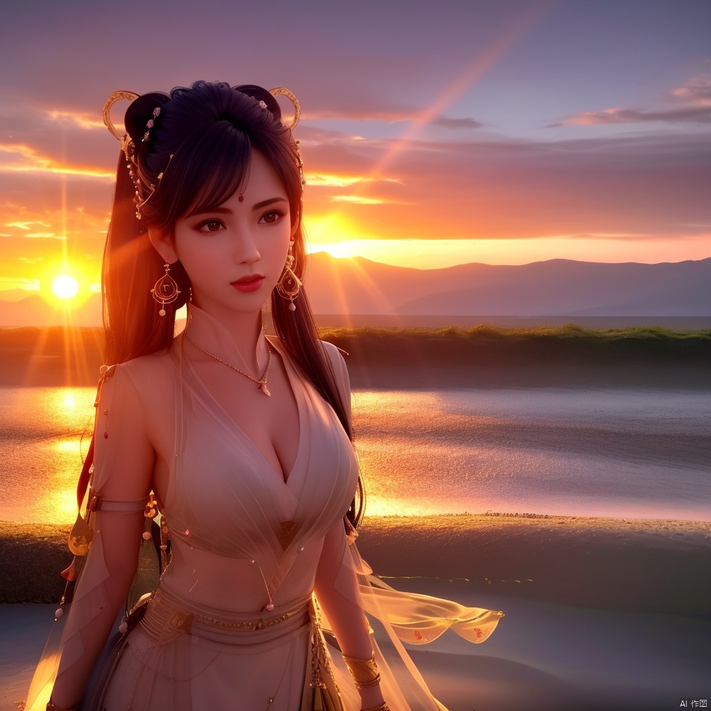 , (,1girl, ,best quality, ),looking at viewer,  ,,ultra detailed 8k cg, ultra detailed background ,ultra realistic 8k cg,          cinematic lighting, cinematic bloom, (( , )),,  , unreal, science fiction,  luxury, jewelry, diamond, pearl, gem, sapphire, ruby, emerald, intricate detail, delicate pattern, charming, alluring, seductive, erotic, enchanting, hair ornament, necklace, earrings, bracelet, armlet,halo,masterpiece, (( , )),, realistic,science fiction,mole,   ,cherry blossoms,,(((Best quality, masterpiece, ultra high res, (photorealistic:1.4), raw photo, 1girl, ,, , sunlight, sunset,     )))  (cleavage),,  (),