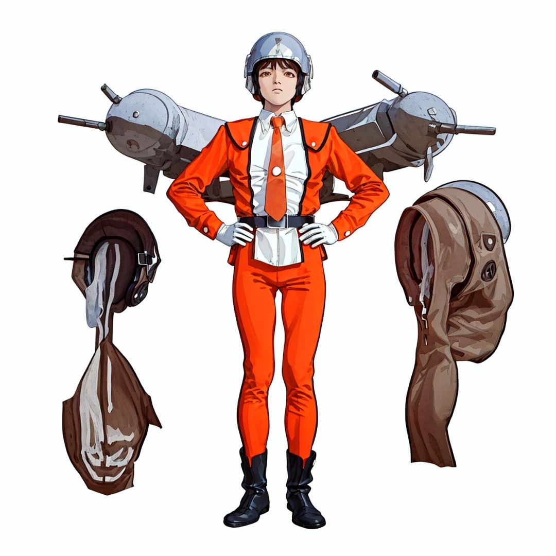 (masterpiece:1.3), (the best quality:1.2), (super fine illustrations:1.2), (Masterpiece), high quality, high detail,((white background:1.2)), looking at viewer, (SOLO:1.4),outline,,simple background, leggings, black gloves, helmet, boots, orange pants,orange jacket, uniform, jacket, belt,military uniform, white shirt, suit, shirt, necktie