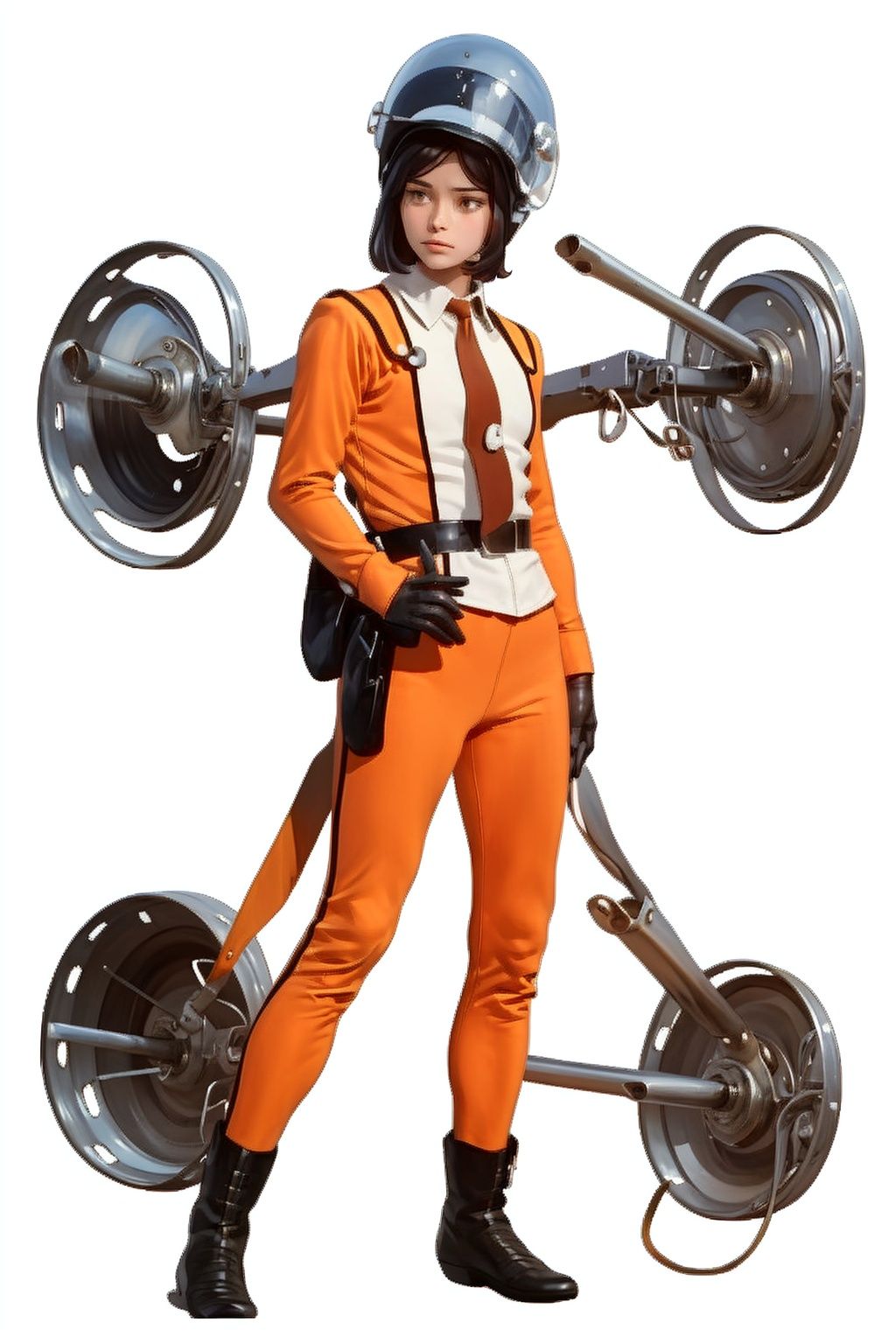 (masterpiece:1.3), (the best quality:1.2), (super fine illustrations:1.2), (Masterpiece), high quality, high detail,((white background:1.2)), looking at viewer, (SOLO:1.4),outline,,simple background, leggings, black gloves, helmet,  boots, orange pants,orange jacket, uniform, jacket, belt,military uniform, white shirt, suit, shirt, necktie