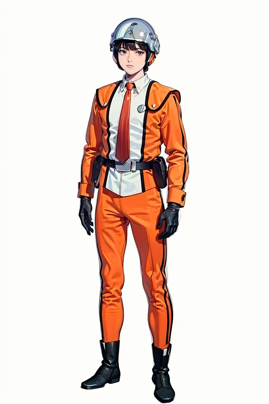 (masterpiece:1.3), (the best quality:1.2), (super fine illustrations:1.2), (Masterpiece), high quality, high detail,((white background:1.2)), looking at viewer, (SOLO:1.4),outline,,simple background, leggings, black gloves, helmet, boots, orange pants,orange jacket, uniform, jacket, belt,military uniform, white shirt, suit, shirt, necktie