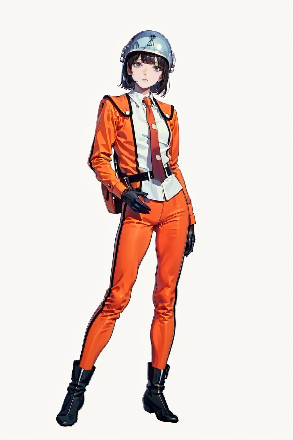 (masterpiece:1.3), (the best quality:1.2), (super fine illustrations:1.2), (Masterpiece), high quality, high detail,((white background:1.2)), looking at viewer, (SOLO:1.4),outline,,simple background, leggings, black gloves, helmet,  boots, orange pants,orange jacket, uniform, jacket, belt,military uniform, white shirt, suit, shirt, necktie