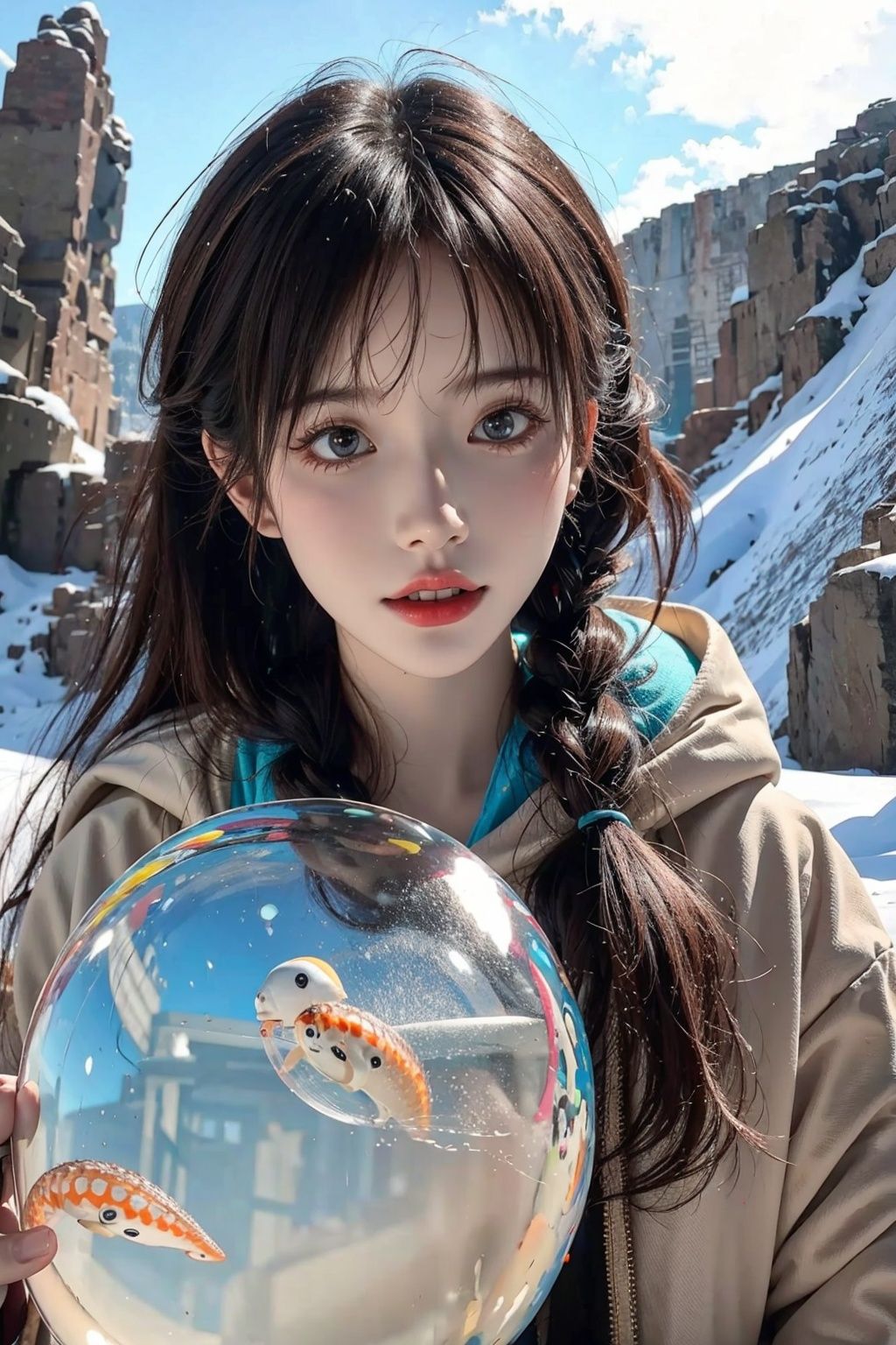 Best quality,8k,cg,1girl,jellyfishforest,Snow Mountain