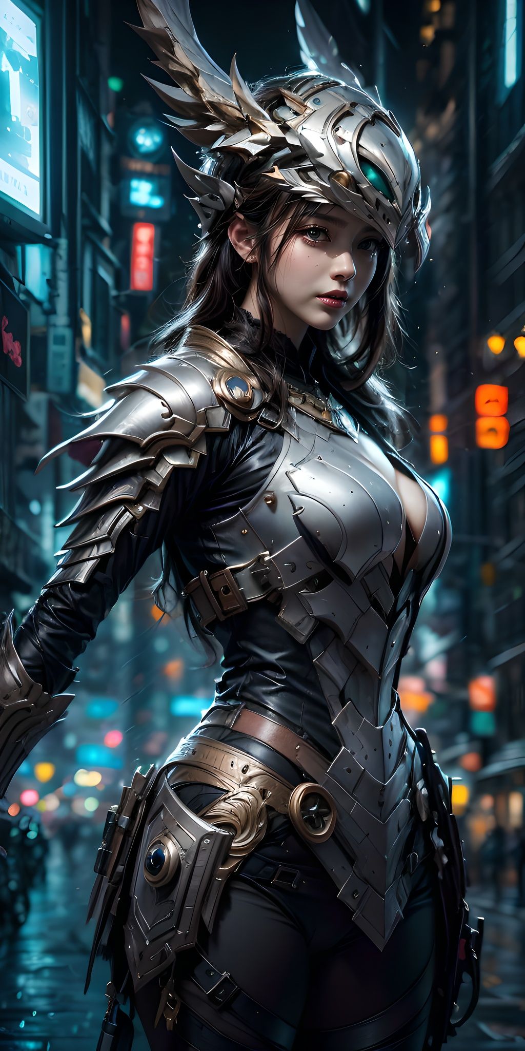 A MONSTER,Monsters,Creature armor,Complex armor,(Fully enclosed helmet:1.5),Helmet,a visor,shelmet,(Solo:2),close-up,Cyber city background,best qualtiy,tmasterpiece,c4d,City background lights,8k portrait of beautiful, intricate, elegant, highly detailed, majestic, digital photography, art by artgerm and ruan jia and greg rutkowski, (masterpiece, sidelighting, finely detailed beautiful eyes: 1.2), hdr, detailed background 