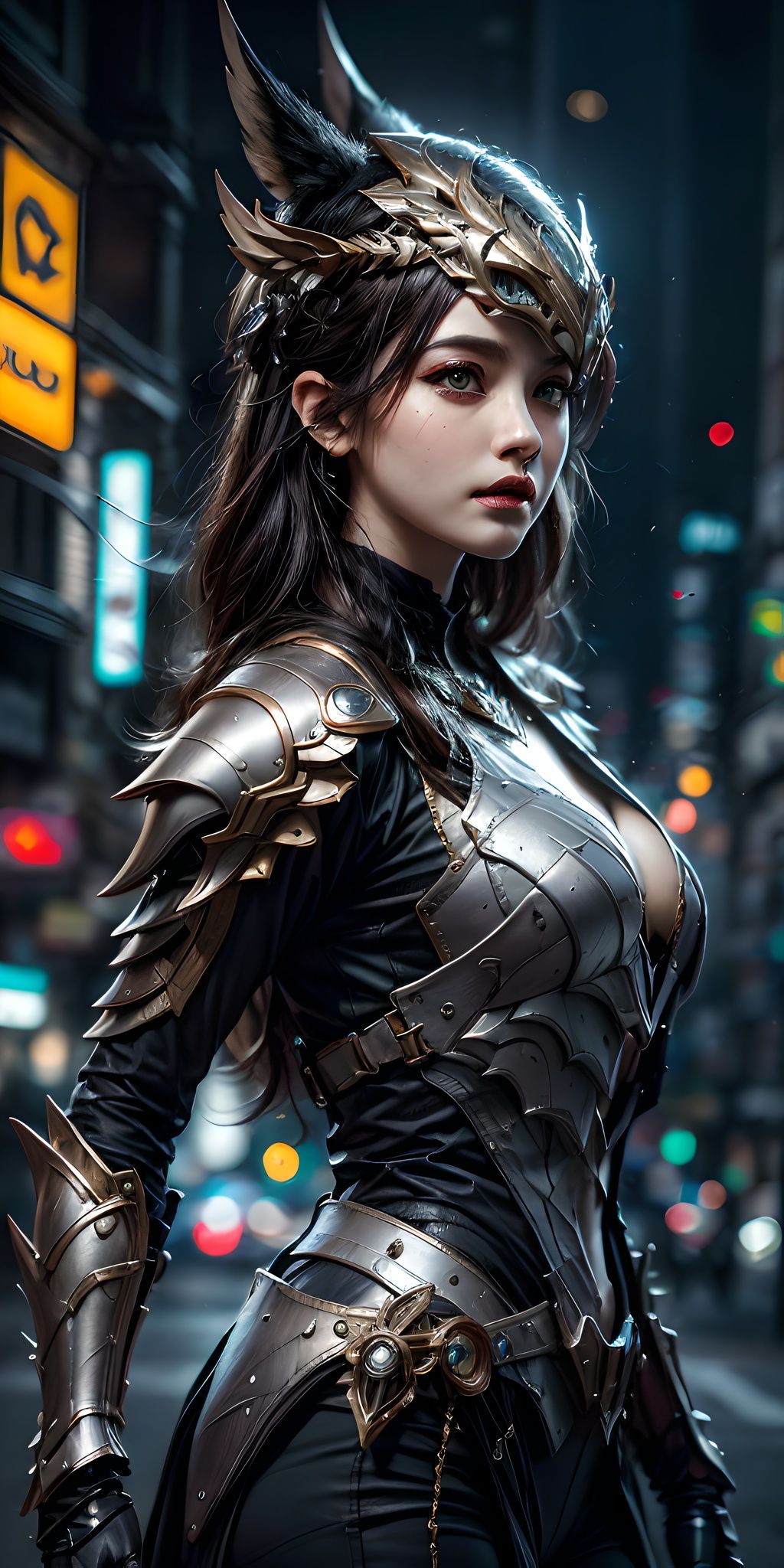 A MONSTER,Monsters,Creature armor,Complex armor,(Fully enclosed helmet:1.5),Helmet,a visor,shelmet,(Solo:2),close-up,Cyber city background,best qualtiy,tmasterpiece,c4d,City background lights,8k portrait of beautiful, intricate, elegant, highly detailed, majestic, digital photography, art by artgerm and ruan jia and greg rutkowski, (masterpiece, sidelighting, finely detailed beautiful eyes: 1.2), hdr, detailed background 