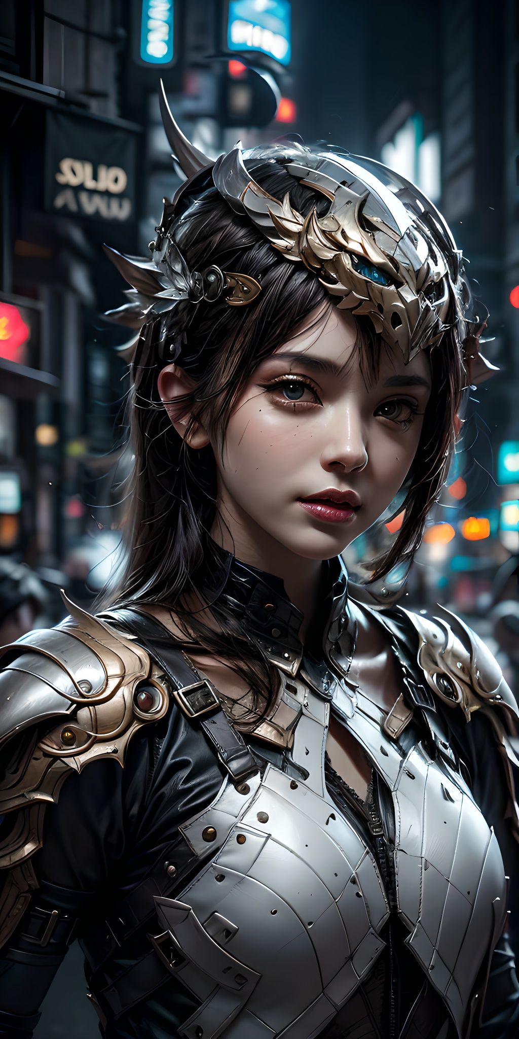 A MONSTER,Monsters,Creature armor,Complex armor,(Fully enclosed helmet:1.5),Helmet,a visor,shelmet,(Solo:2),close-up,Cyber city background,best qualtiy,tmasterpiece,c4d,City background lights,8k portrait of beautiful, intricate, elegant, highly detailed, majestic, digital photography, art by artgerm and ruan jia and greg rutkowski, (masterpiece, sidelighting, finely detailed beautiful eyes: 1.2), hdr, detailed background 