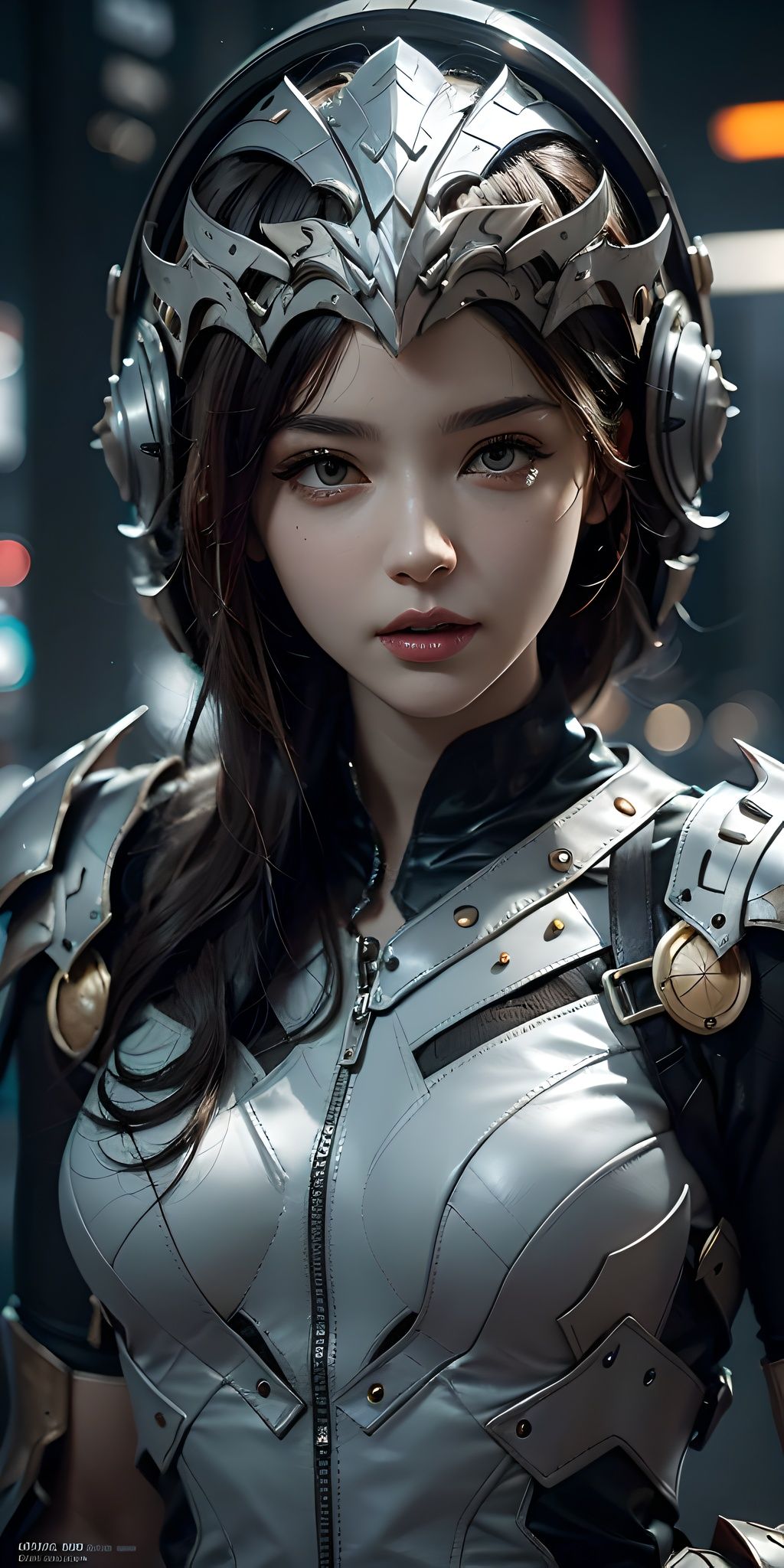 A MONSTER,Monsters,Creature armor,Complex armor,(Fully enclosed helmet:1.5),Helmet,a visor,shelmet,(Solo:2),close-up,Cyber city background,best qualtiy,tmasterpiece,c4d,City background lights,8k portrait of beautiful, intricate, elegant, highly detailed, majestic, digital photography, art by artgerm and ruan jia and greg rutkowski, (masterpiece, sidelighting, finely detailed beautiful eyes: 1.2), hdr, detailed background 