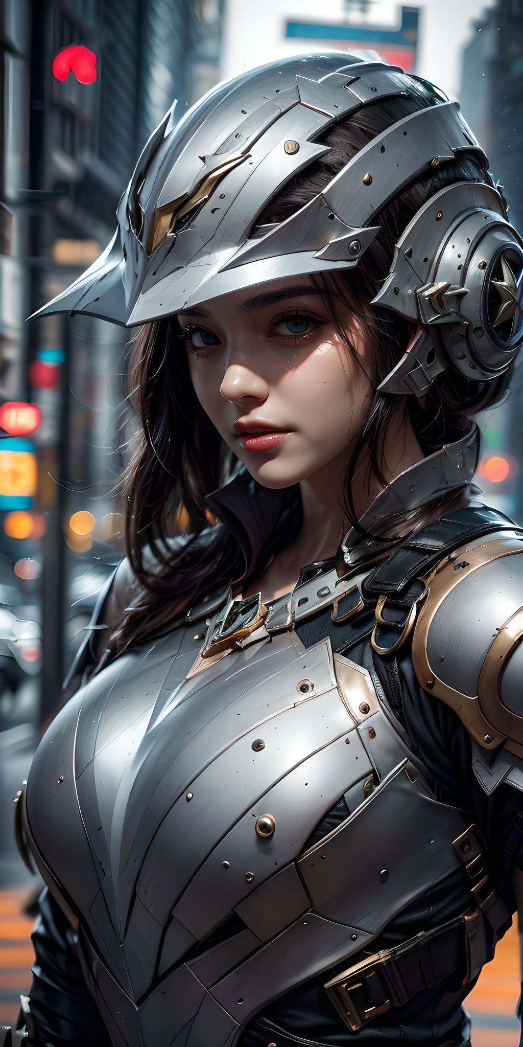 A MONSTER,Monsters,Creature armor,Complex armor,(Fully enclosed helmet:1.5),Helmet,a visor,shelmet,(Solo:2),close-up,Cyber city background,best qualtiy,tmasterpiece,c4d,City background lights,8k portrait of beautiful, intricate, elegant, highly detailed, majestic, digital photography, art by artgerm and ruan jia and greg rutkowski, (masterpiece, sidelighting, finely detailed beautiful eyes: 1.2), hdr, detailed background 