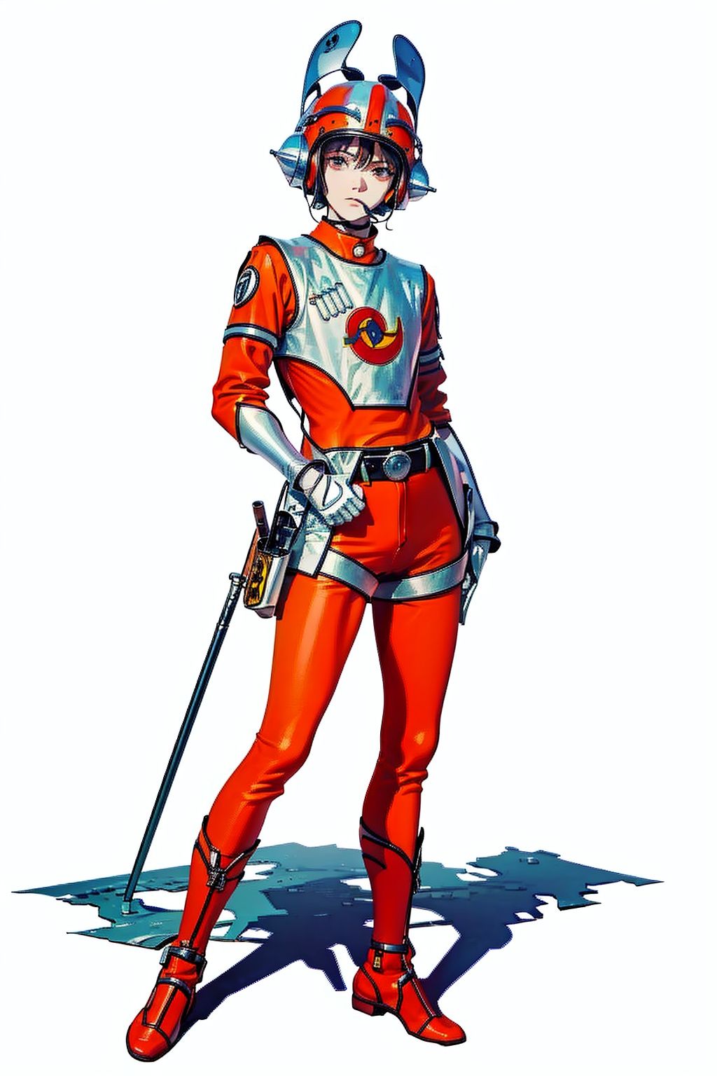 (masterpiece:1.3), (the best quality:1.2), (super fine illustrations:1.2), (Masterpiece), high quality, high detail,((white background:1.2)), looking at viewer, (SOLO:1.4),outline,,simple background,red legwear, armor, bodysuit, fine fabric emphasis, leggings, helmet,ed legwear