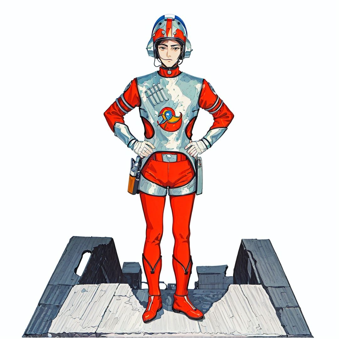 (masterpiece:1.3), (the best quality:1.2), (super fine illustrations:1.2), (Masterpiece), high quality, high detail,((white background:1.2)), looking at viewer, (SOLO:1.4),outline,,simple background,red legwear, armor, bodysuit, fine fabric emphasis, leggings, helmet,ed legwear