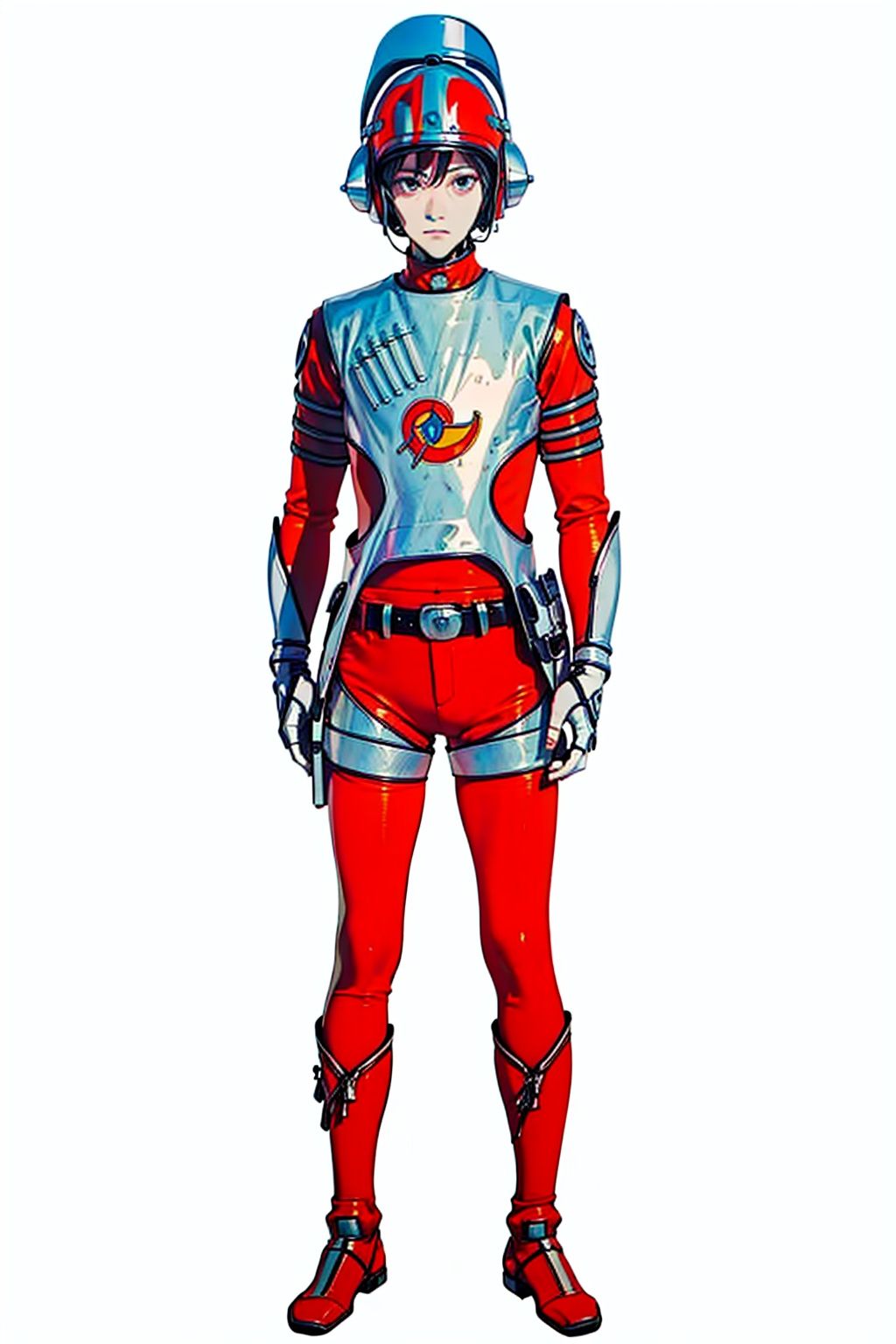 (masterpiece:1.3), (the best quality:1.2), (super fine illustrations:1.2), (Masterpiece), high quality, high detail,((white background:1.2)), looking at viewer, (SOLO:1.4),outline,,simple background,red legwear, armor, bodysuit, fine fabric emphasis, leggings, helmet,ed legwear