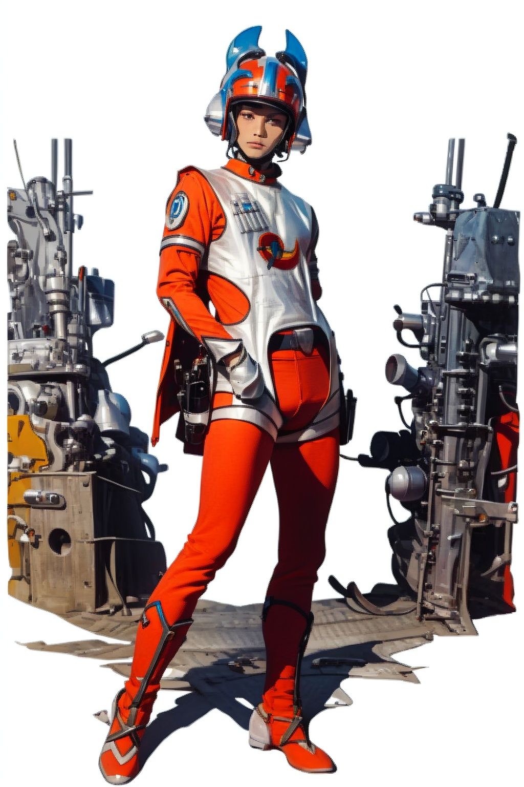 (masterpiece:1.3), (the best quality:1.2), (super fine illustrations:1.2), (Masterpiece), high quality, high detail,((white background:1.2)), looking at viewer, (SOLO:1.4),outline,,simple background,red legwear, armor, bodysuit, fine fabric emphasis, leggings, helmet,ed legwear