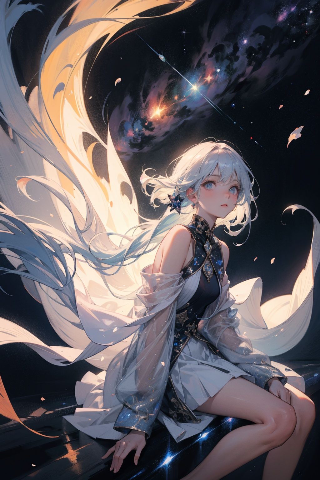 best quality，(masterpiece:1.3),full body, ultra-detailed,solo,1girl,   solo, half shot, looking at viewer, detailed background, detailed face, (<lora:BohoAI:0.6>, bohoai, boho theme:1.1)  living star constellation, star sign,  at peace, calm, cancer,  geometric symbolism, astral , galaxies,  cosmic light,  bloom,  floating particles, cosmic dust, backlighting, cosmic space background, otherwordly ethereal atmosphere,(55:0.01)