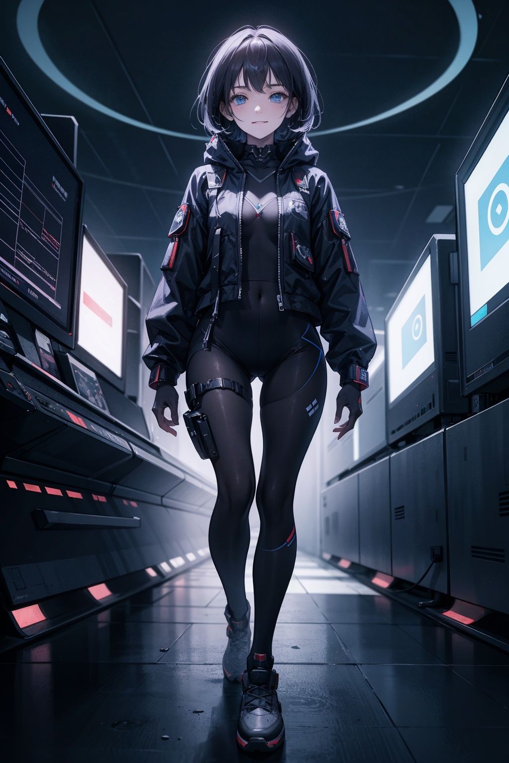 best quality，(masterpiece:1.3),full body, ultra-detailed,solo,1girl,  looking at viewer, solo, (full body:0.6), detailed background, detailed face, (tron theme:1.1)  high-tech futuristic hacker, smirk, advanced technology,  techwear, wearable device,   head-up display, blue (holographic display:1.05), access granted, encrypted symbols,  graph, control panel in background,  cyber-warfare, dark sinister atmosphere, shadows,,(32:0.01)