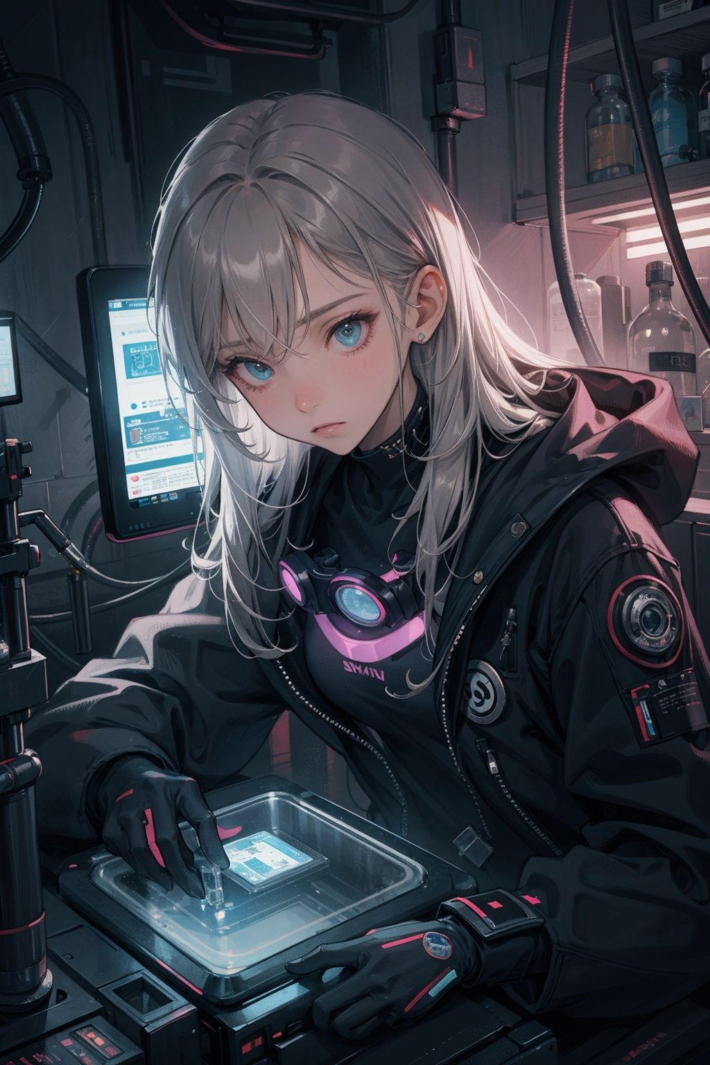 best quality，(masterpiece:1.3),full body, ultra-detailed,solo,1girl, portrait, looking down, solo, upper body, detailed background, detailed face, (cyberpunk theme:1.1), inventor, safety-goggles,  innovation,  fantasy science lab in background, chemistry, vials, test tubes,     test chamber,  ,(33:0.01)