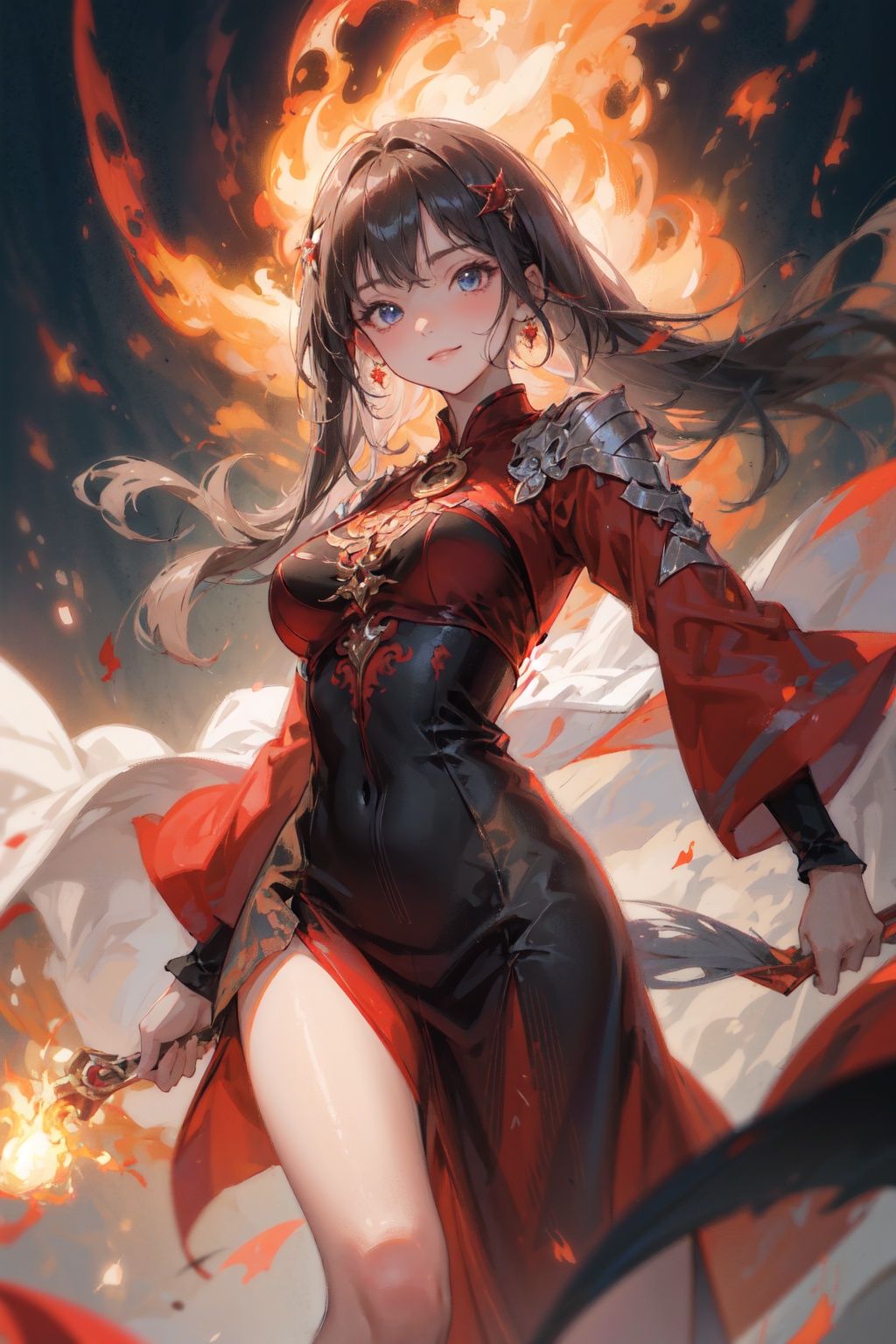 best quality，(masterpiece:1.3)，fullbody shot,ultra-detailed,solo,1girl, battle_aura, helical_visible_aura full of background,Magical Fire on hands,cool and powerful pose,red robe, hairclip, burning aura,floating hair,floating fire,heat wave, squating,fire devil,carbonized grounddelicate_features:1.5，Pretty_Face:1.5,smiling,cool,