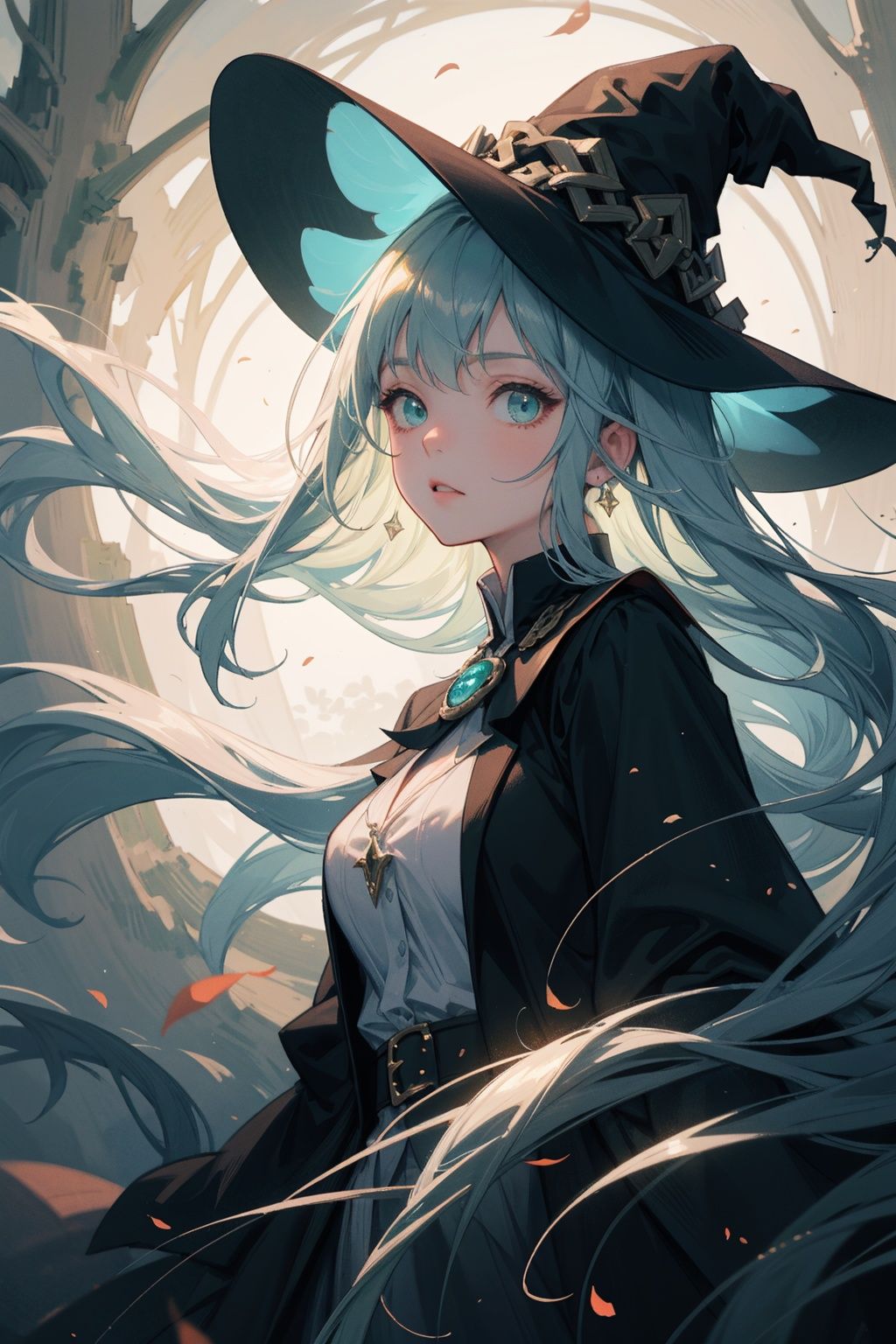 best quality，(masterpiece:1.3),full body, ultra-detailed,solo,1girl, portrait, looking at viewer, solo, upper body, detailed background, (<lora:GlowingRunesAI:0.8>, glowingrunesai, glowing runes theme:1.1),  witch hat, witch, magical atmosphere, hair flowing in the wind, green trimmed light colored clothes,   whirlwind of glowing  weaves in the air, swirling portal, dark magic, (style-swirlmagic:0.8), floating particles, rustic forest hut background, updraft,  dim light,,(24:0.01)
