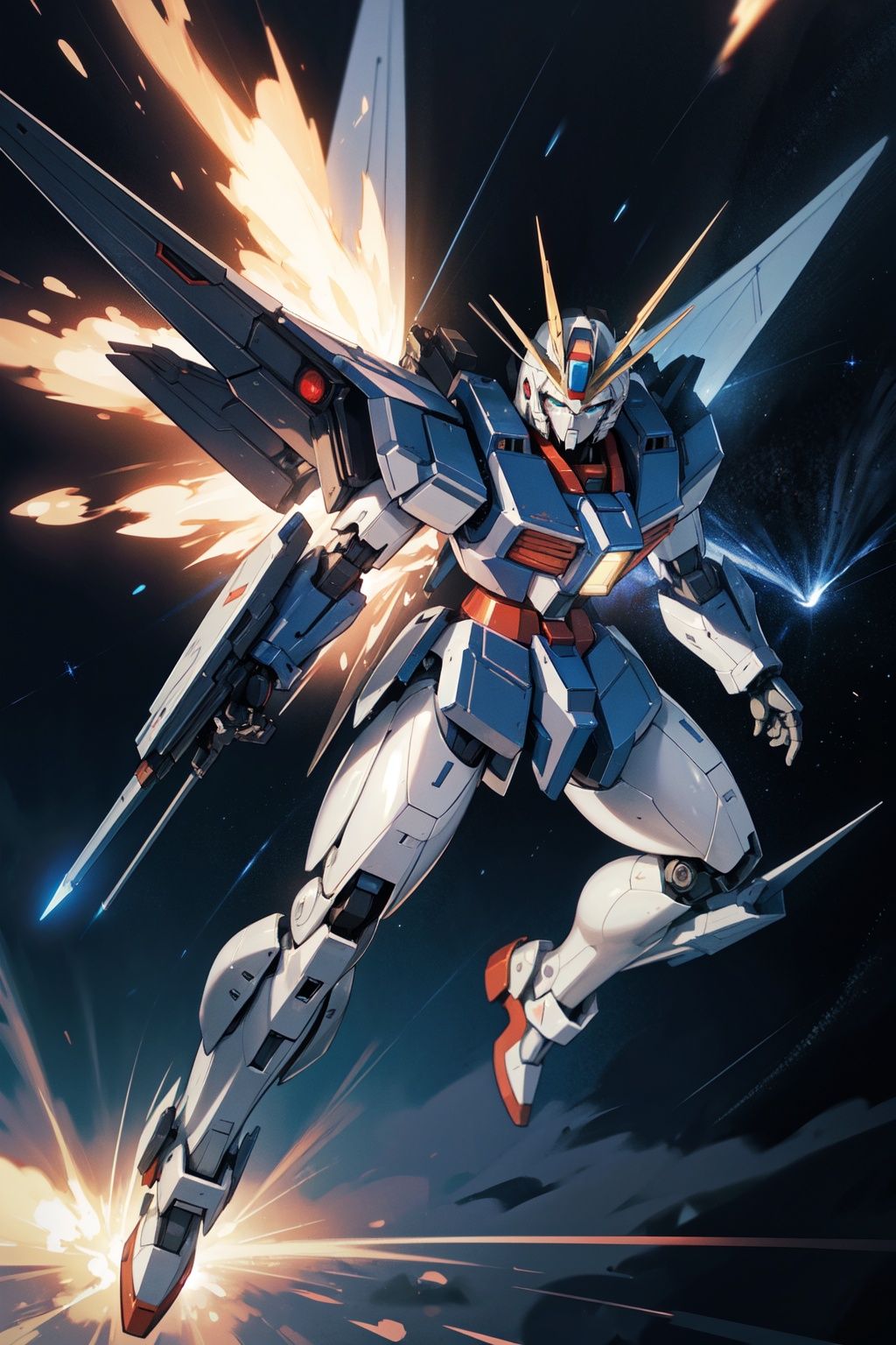 masterpiece, best quality,ultra-detailed,science fiction, no humans, mecha, robot, mobile suit, gundam,CALIBARN,v-fin,holding culverin,energy gun,open hand,mechanical wings,Parmett,glowing, full body,from above,Dynamic angle,space,
