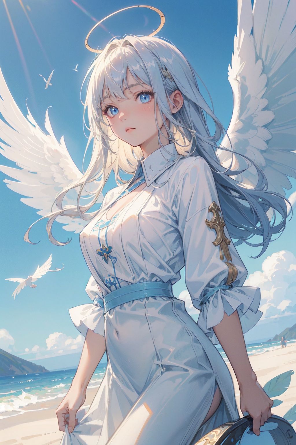 best quality,(masterpiece:1.3),cowboy shot,ultra-detailed,solo:1.3,1angel,halo,holy,GreekClothes,medium breasts,golden hair,blue eyes,long hair, big wings,feather,midday,sunny,Blue sky,Gradation,cloud,angel floating in the air，