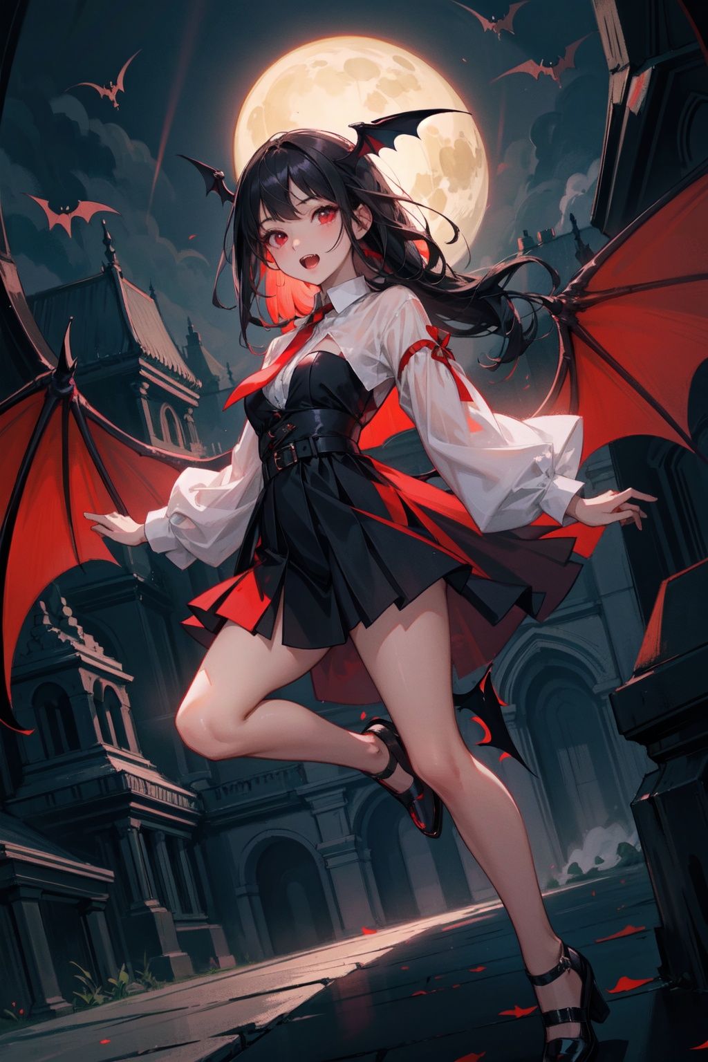 masterpiece, best quality, 1girl, full body, long black hair, red eyes, fangs, open mouth, bat wings, haunted courtyard, night