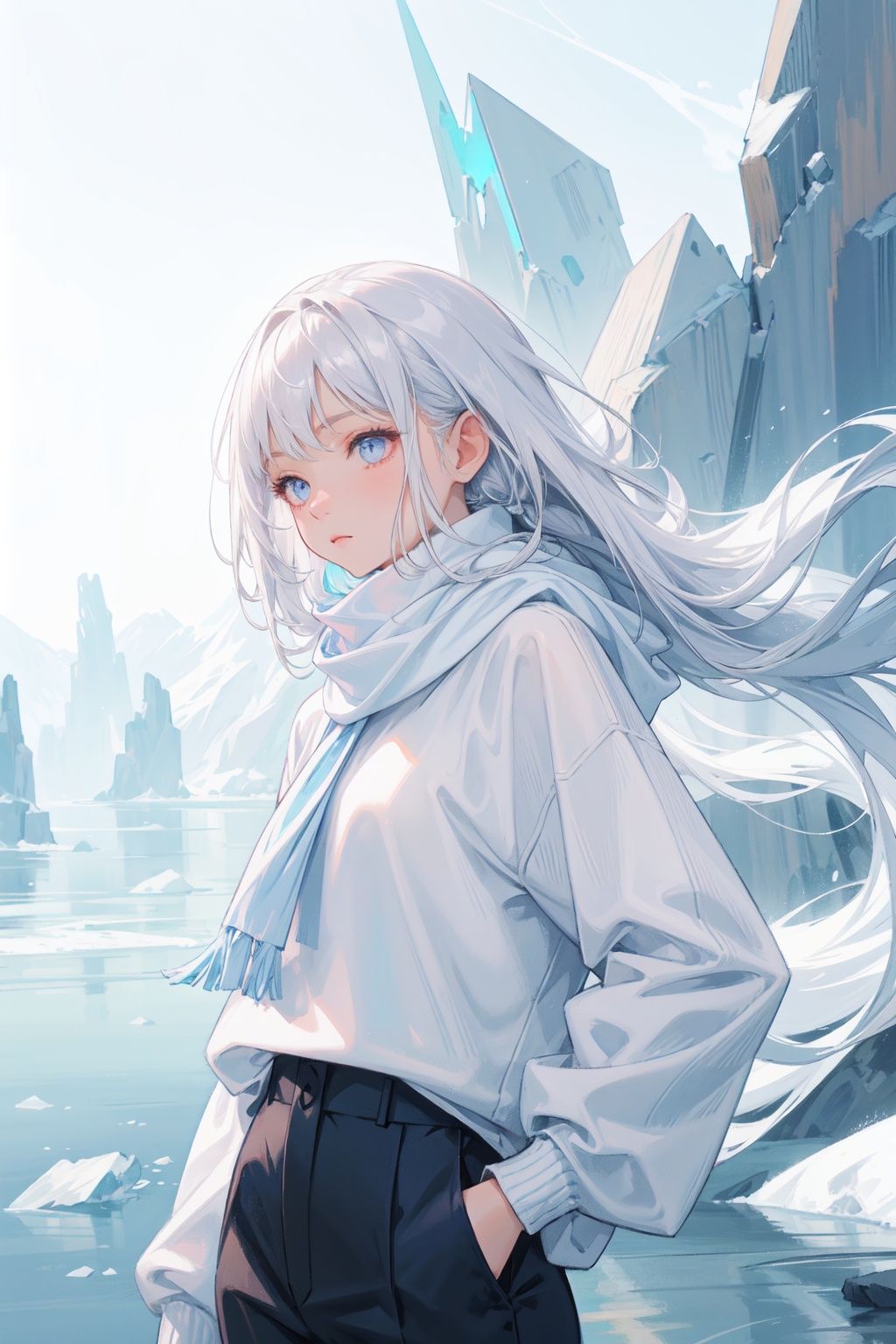 masterpiece, best quality, 1girl, very long white hair, silver eyes, pants, arctic, ice sheet, white sweater, scarf, hands at there side,