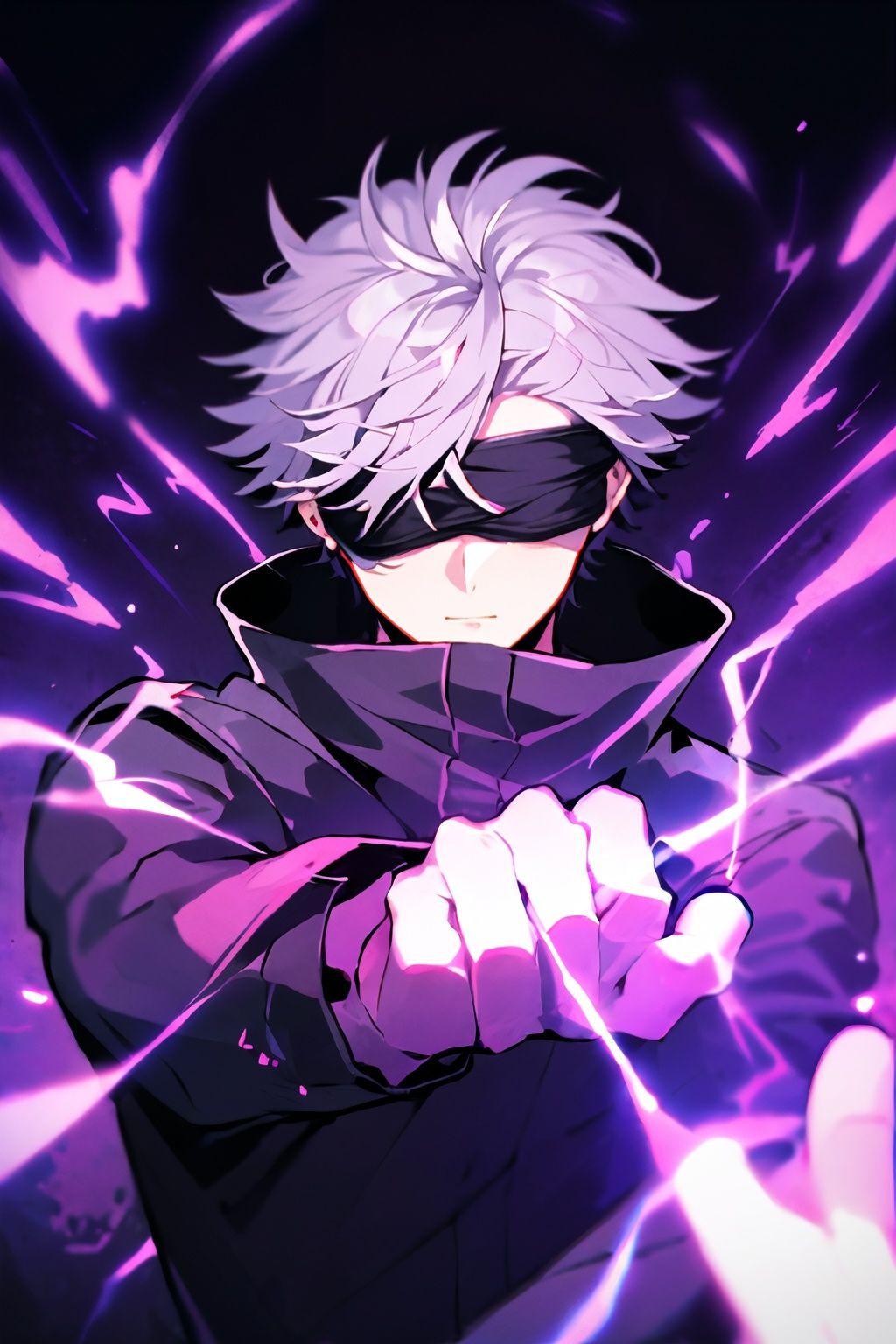 <lora:gojou_satoru_v1:0.9>,1boy,condense energy in his hands,purple electricity,purple aura,purple lightning,blindfold,
