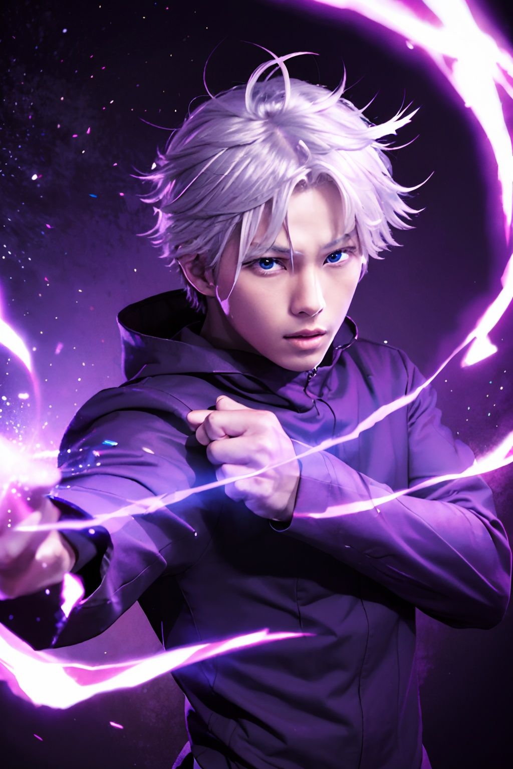 <lora:gojou_satoru_v1:0.7>,1boy,condense energy in his hands,gojou satoru,cowboy shot,purple electricity,purple aura,purple lightning,blue eyes,